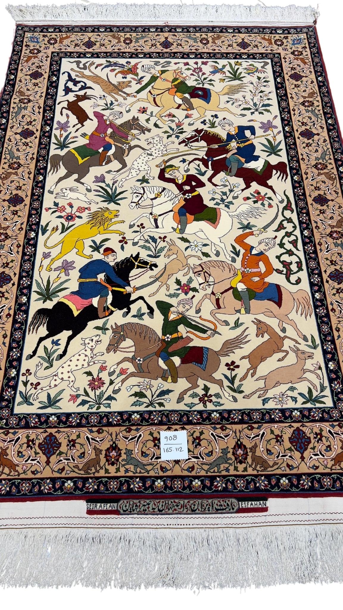 Hand-knotted Persian rug featuring a vibrant hunting scene design by Master Hassan Seirafian.
