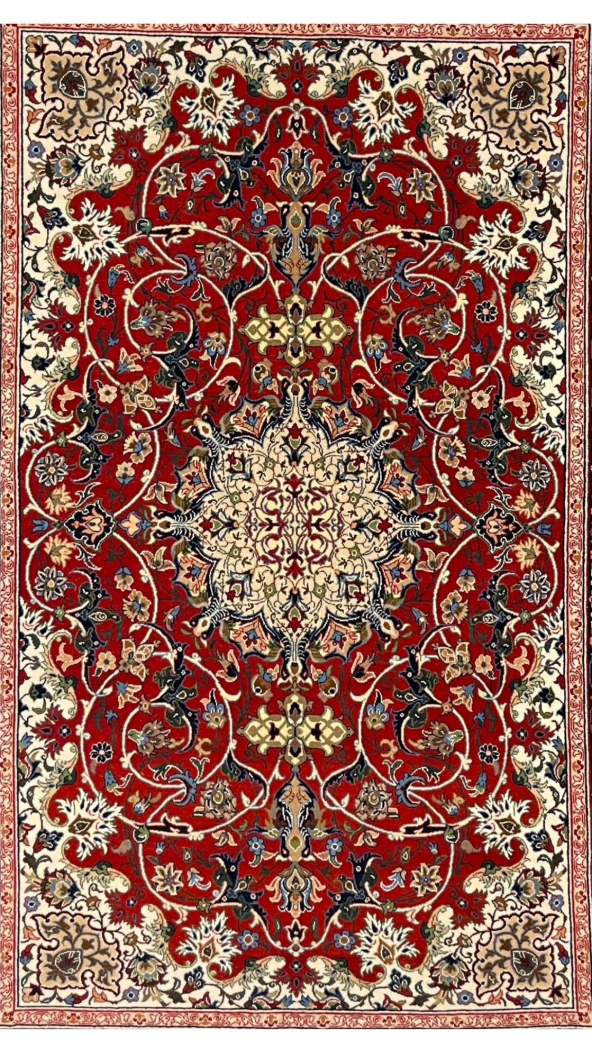 Hand-knotted Persian rug by Master Bagher Seirafian showcasing traditional craftsmanship.
