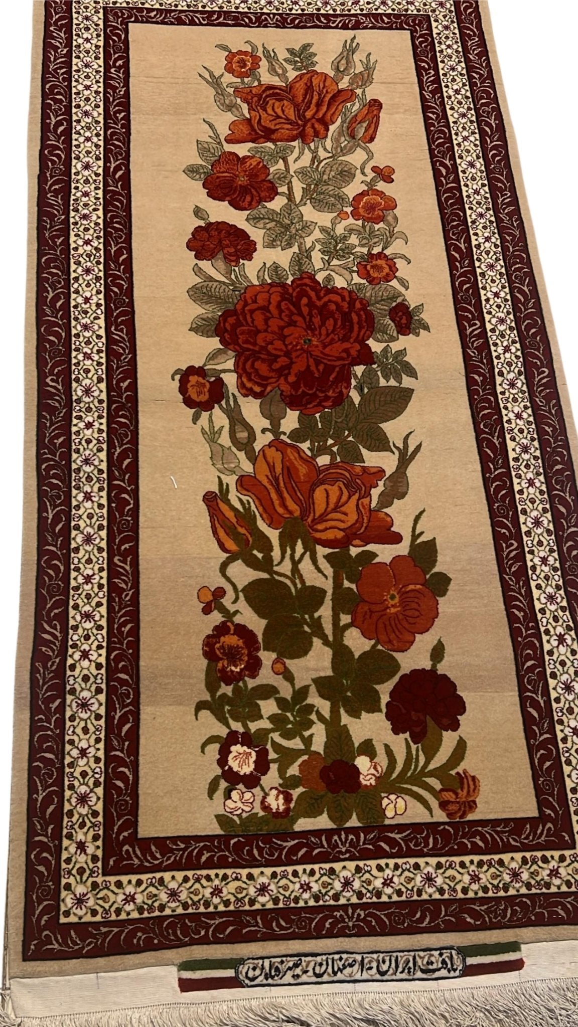 Front view of the unique Seirafian Persian beige runner rug.
