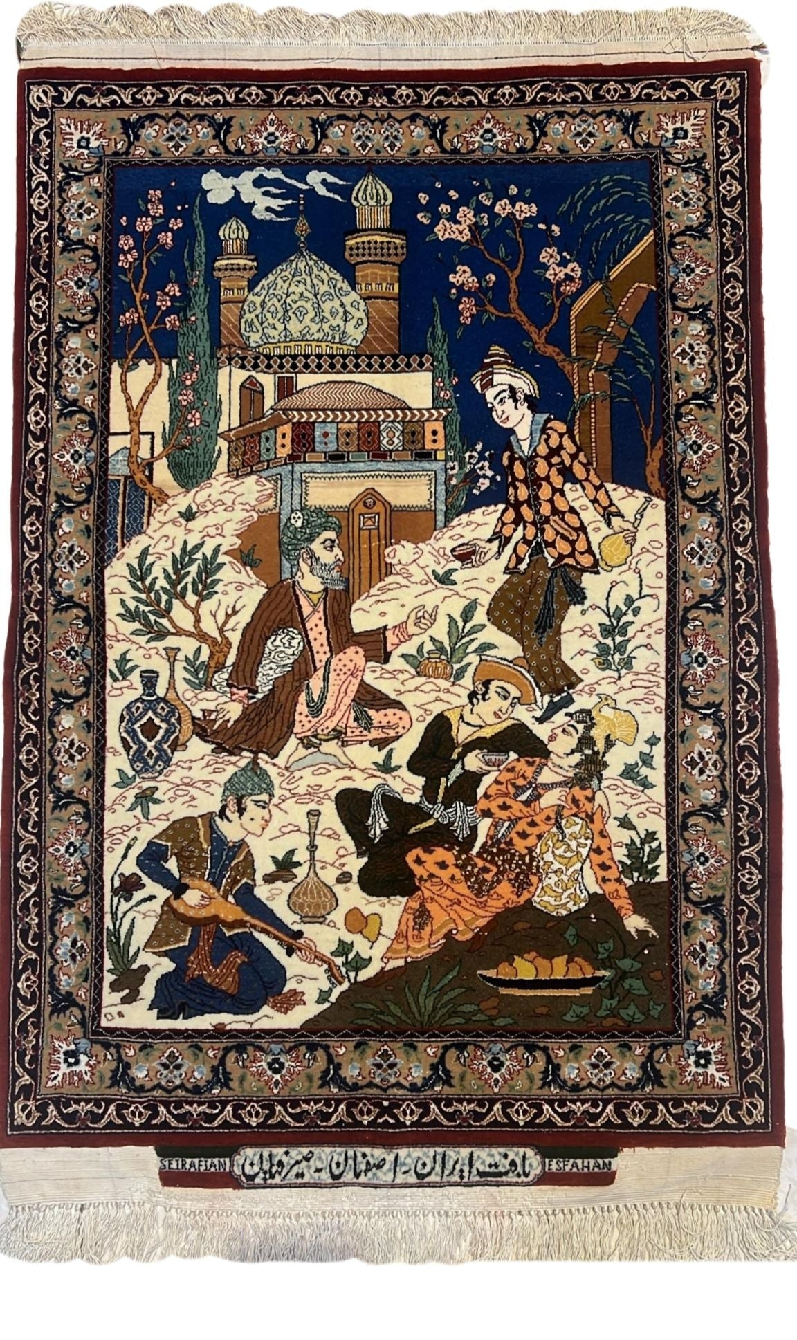 Front view of an authentic small Seirafian Persian pictorial rug, 2 x 3 feet.