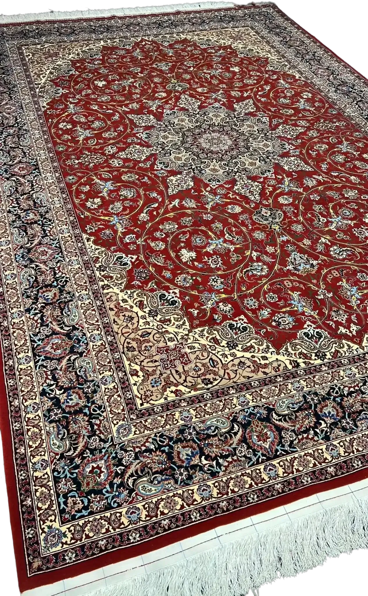 "Isfahan Persian rug, 10.5 x 7 feet, made by Master Bagher Seirafian with silk warp and intricate wool-silk blend pile, handcrafted in Iran."