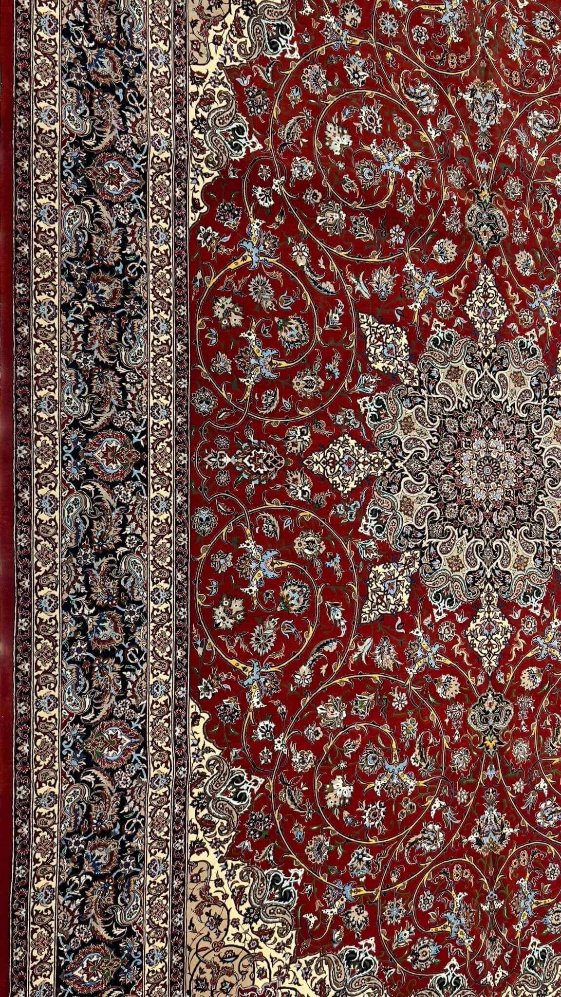 "Master Bagher Seirafian Isfahan rug, featuring a knot density of 1,210,000 knots per m², handmade with wool and silk, 320 x 215 cm."