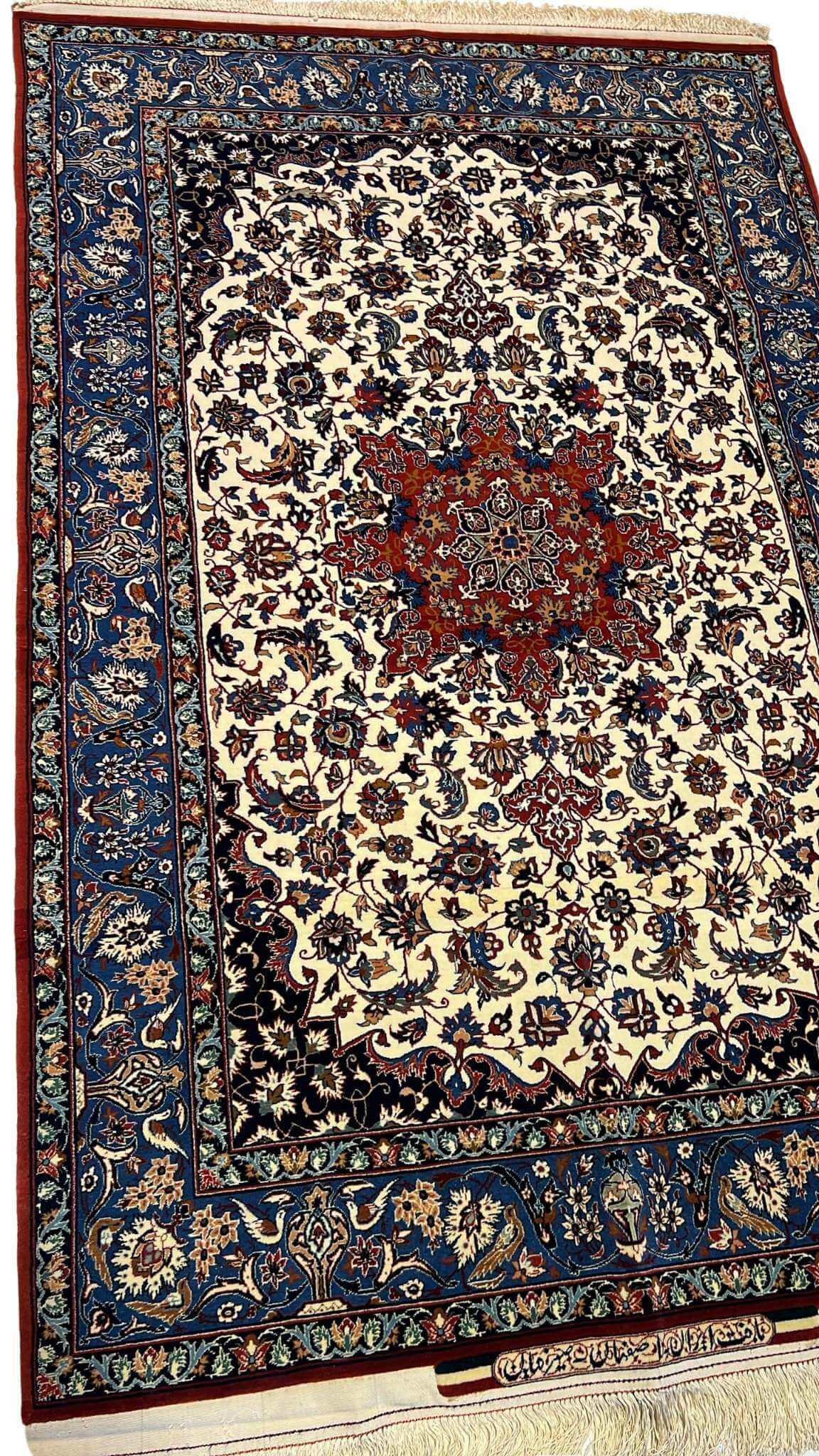 "Luxurious Ahmad Seirafian Persian rug with floral and medallion patterns, hand-knotted using natural dyes."

