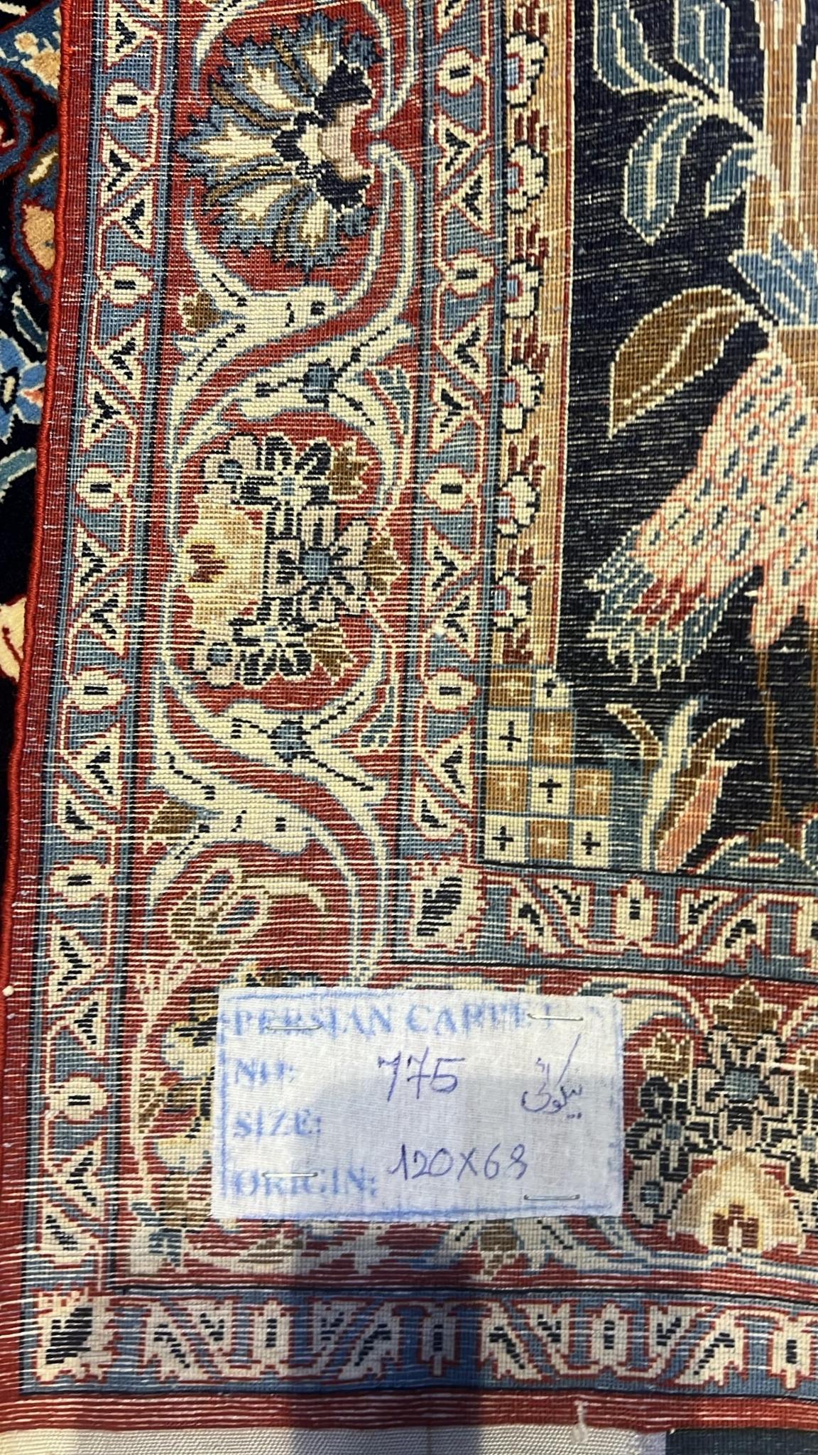 Backside of a Luxury Seirafian Navy Blue Rug, Showing Detailed Weaving and High Knot Density