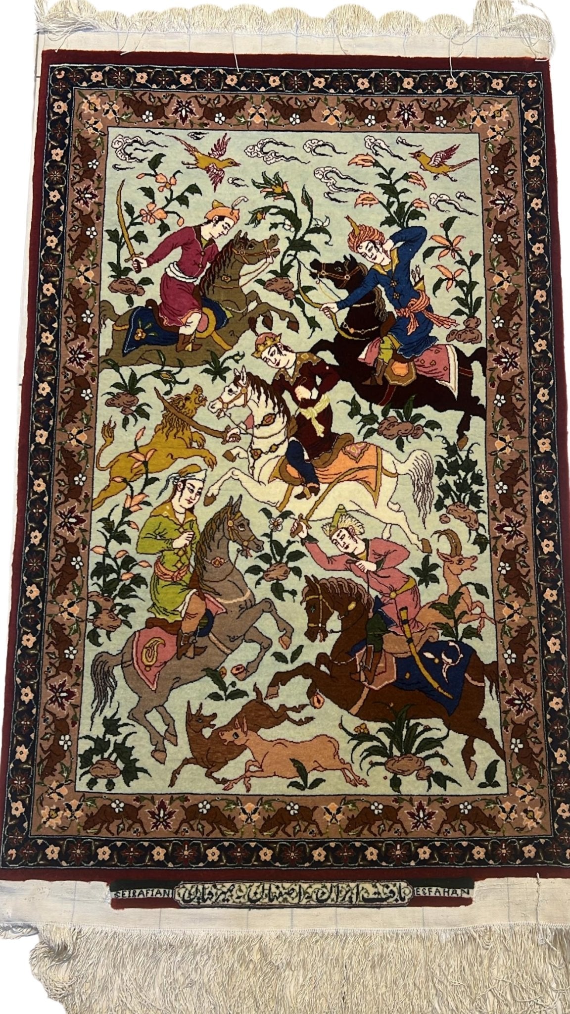 Front view of Authentic 2 x 3 Green Seirafian Persian Hunting Rug showcasing intricate designs.