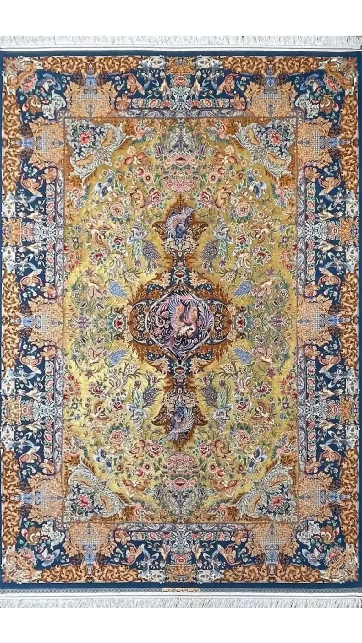 "Wool and silk Persian rug with intricate medallion design from Isfahan."
