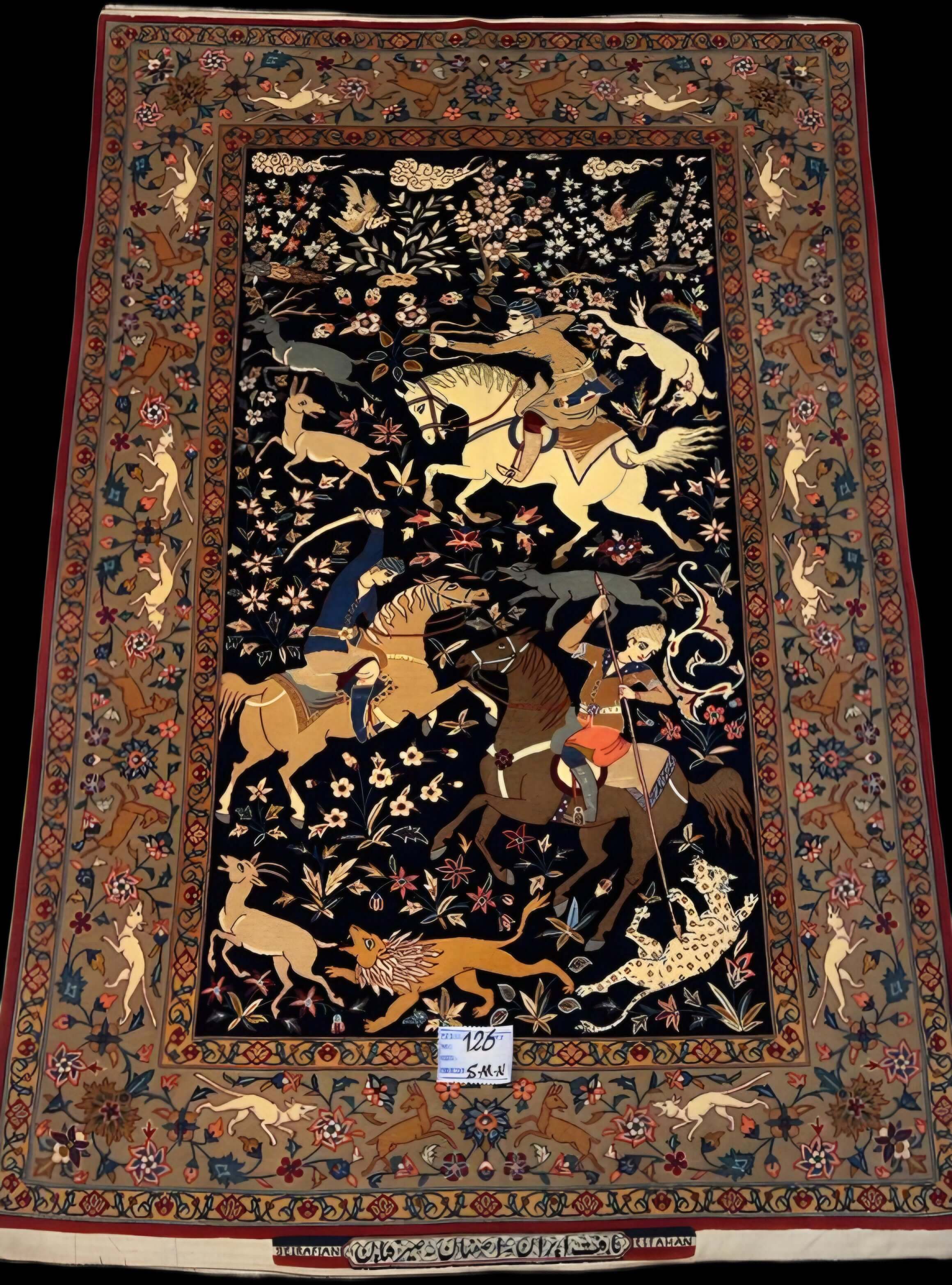 60 years old seirafian hunting scence rug