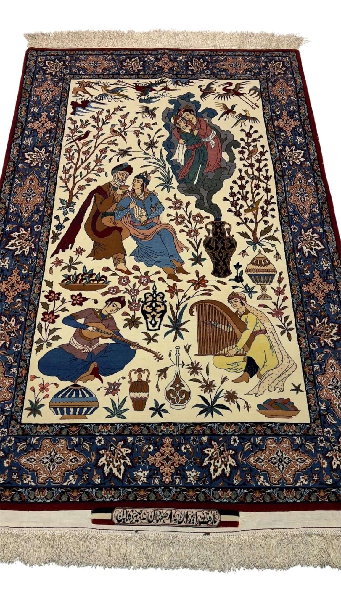 Front view of a handwoven Seirafian Persian Pictorial rug, crafted by Hassan Seirafian with silk and wool.
