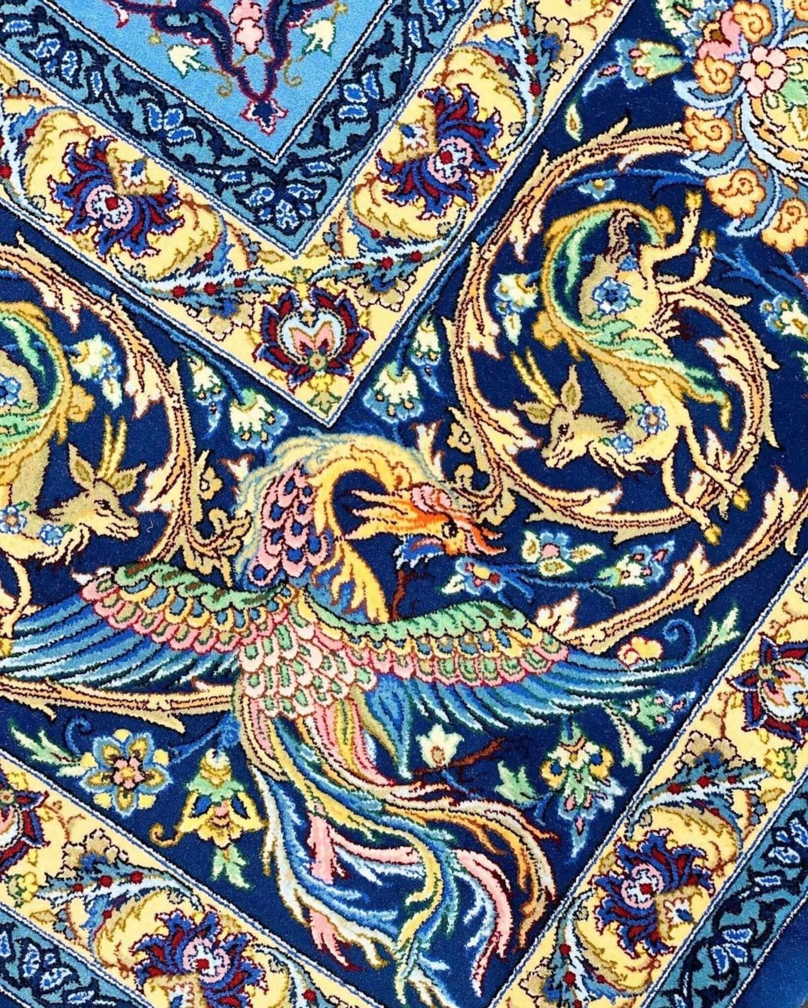 Close-up of wool and silk floral patterns on blue Persian rug