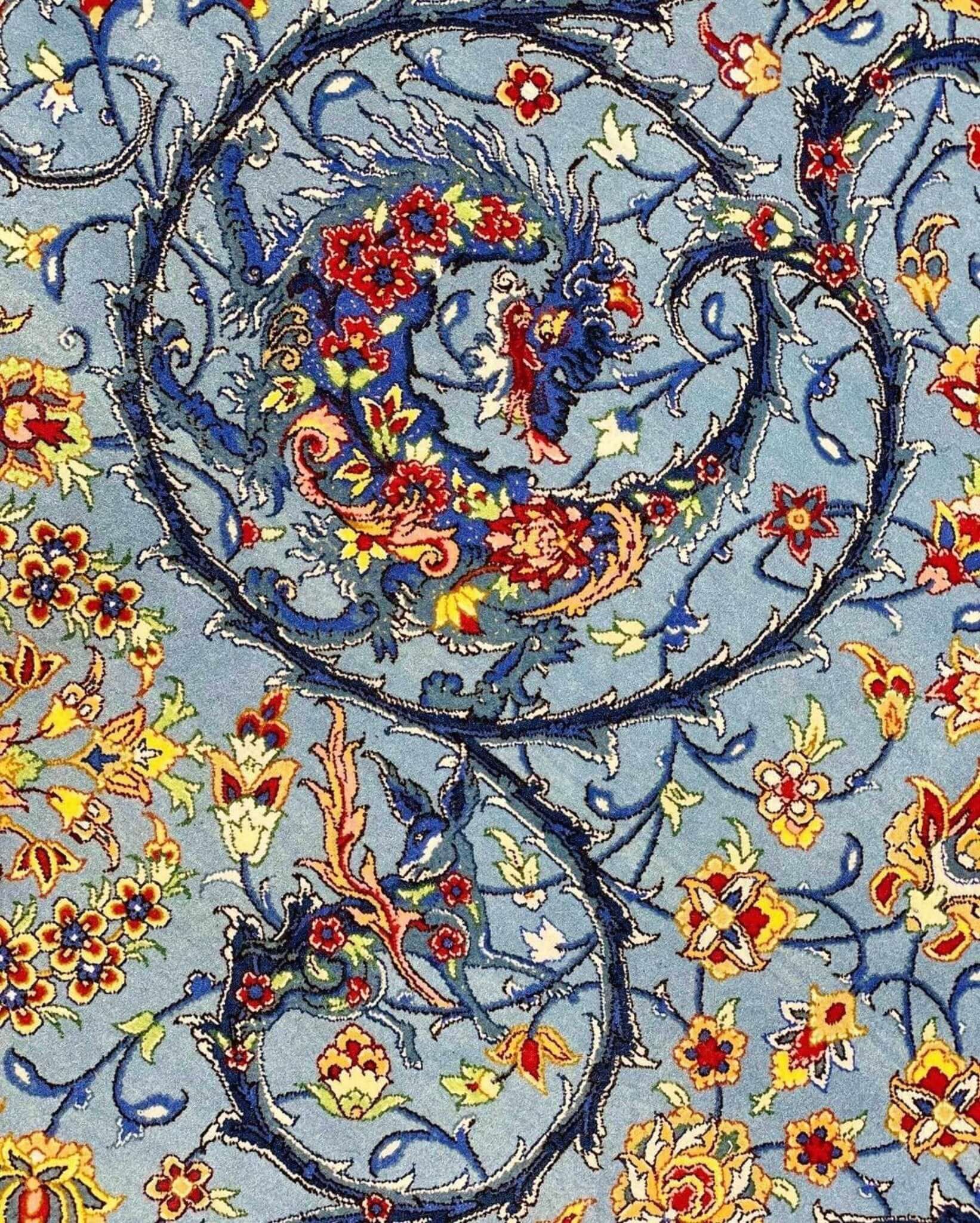 Traditional Persian rug with a blue background and floral motifs
