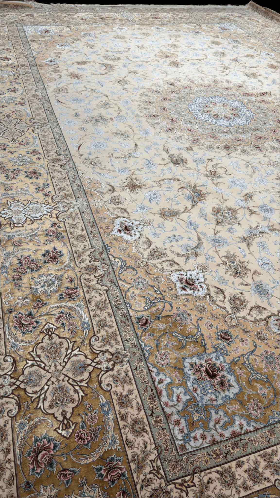 "High-quality large area rug, hand-knotted Persian carpet with a knot density of 1,100,000 knots per m²."
