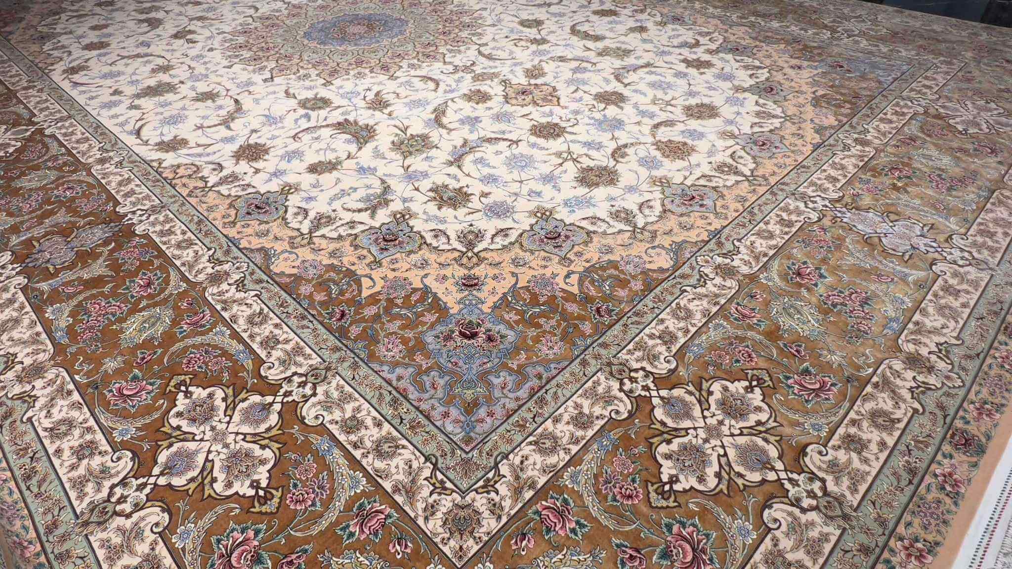 "Premium Persian wool and silk rug in gold and cream, perfect for transforming living room spaces."
