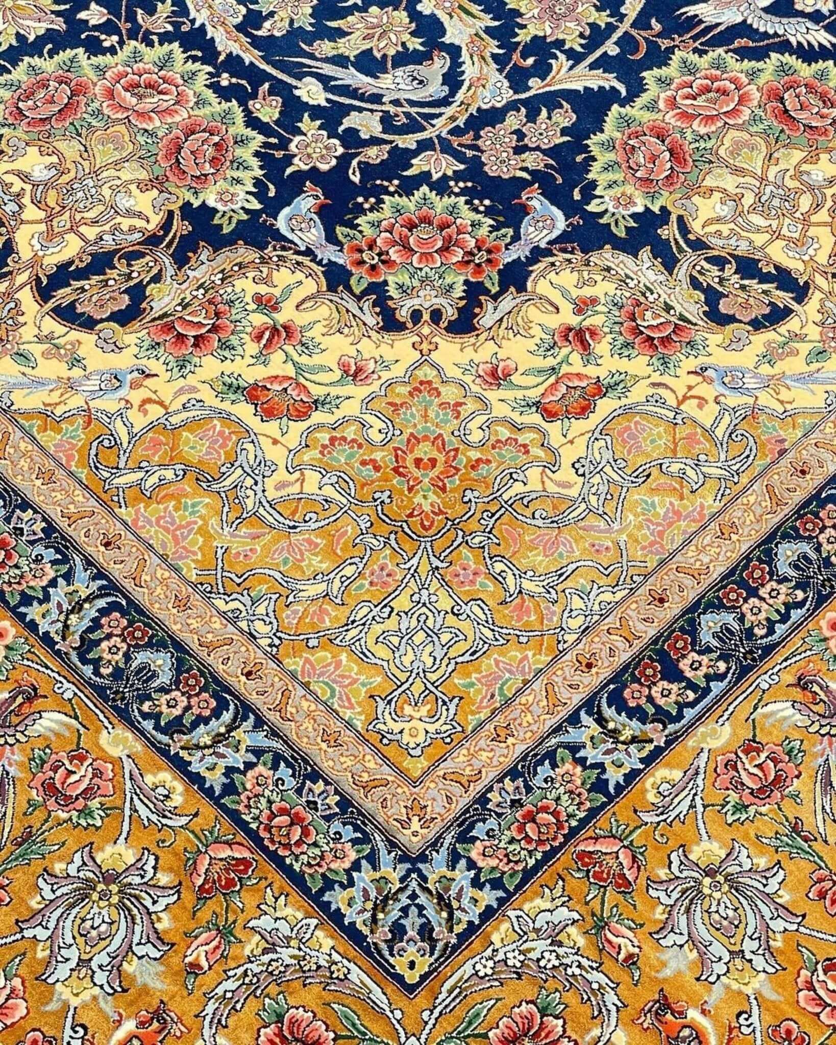 "High-quality blue and red Persian rug, handmade in Isfahan with 810,000 knots per square meter."
