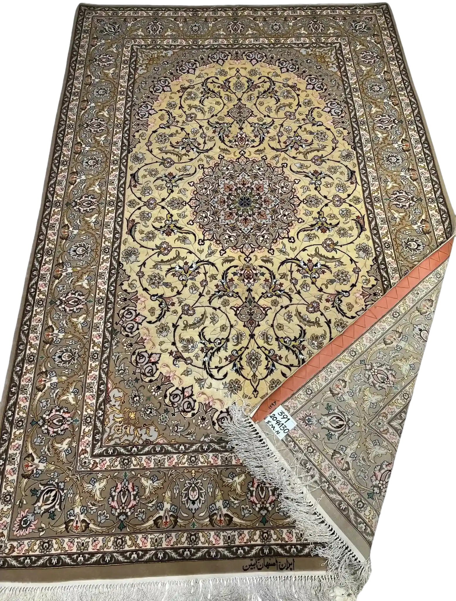 Close-up of New Isfahan Rug showcasing its detailed gold and beige 810,000 knot design