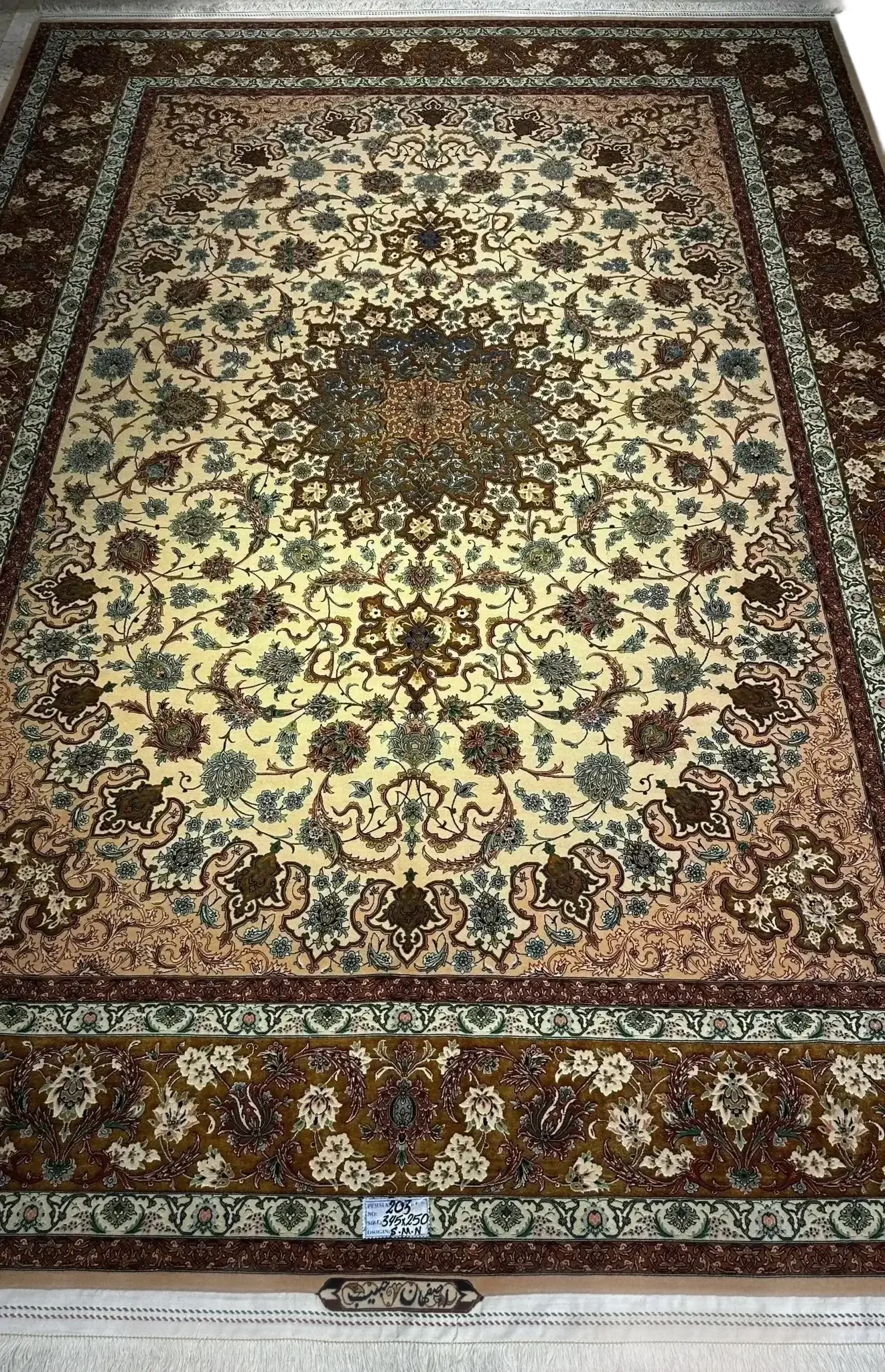 "Exquisite Isfahan Persian rug with intricate wool and silk design in 9x12 dimensions, perfect for living room decor."
