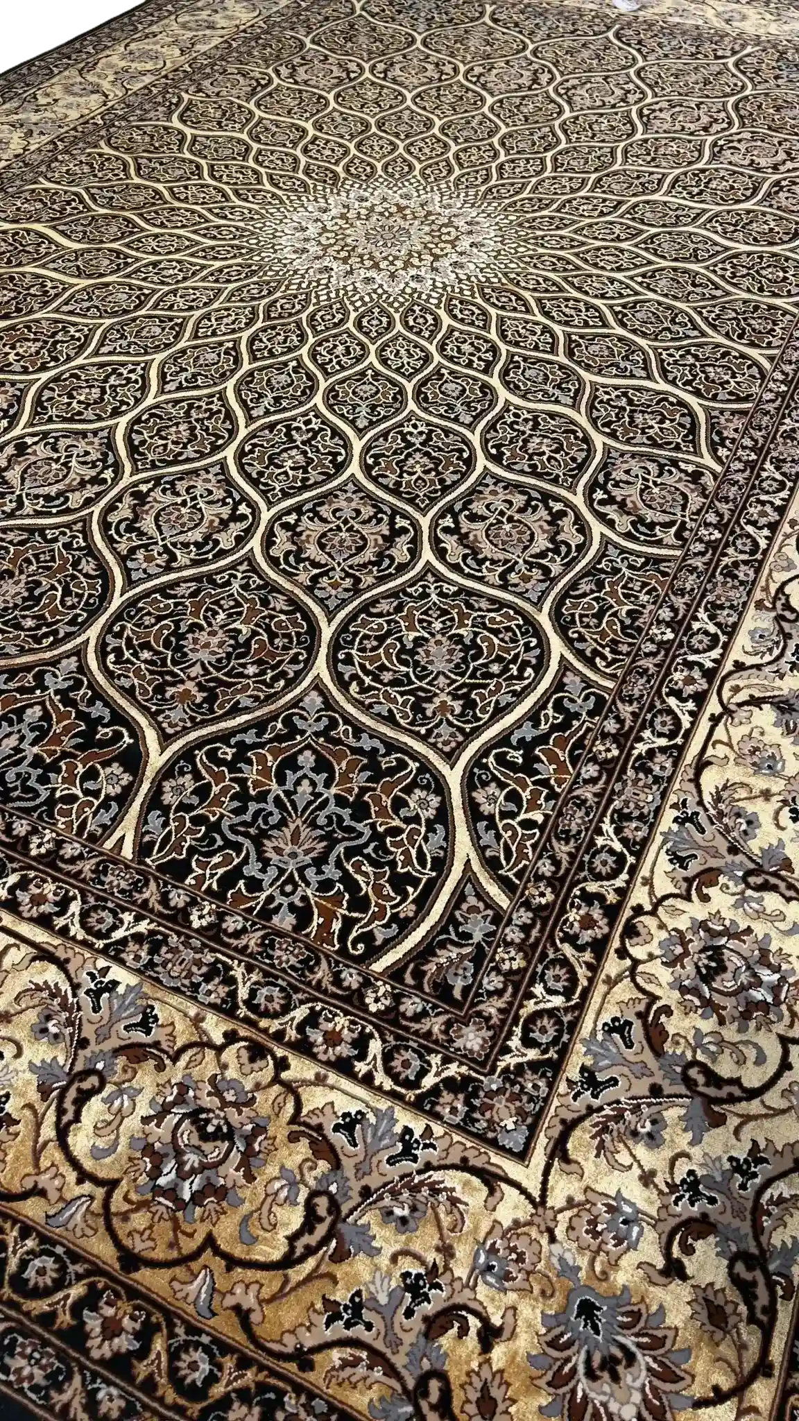 Full view of Davarie's Elegant Black Rug with Dome pattern and ornate border