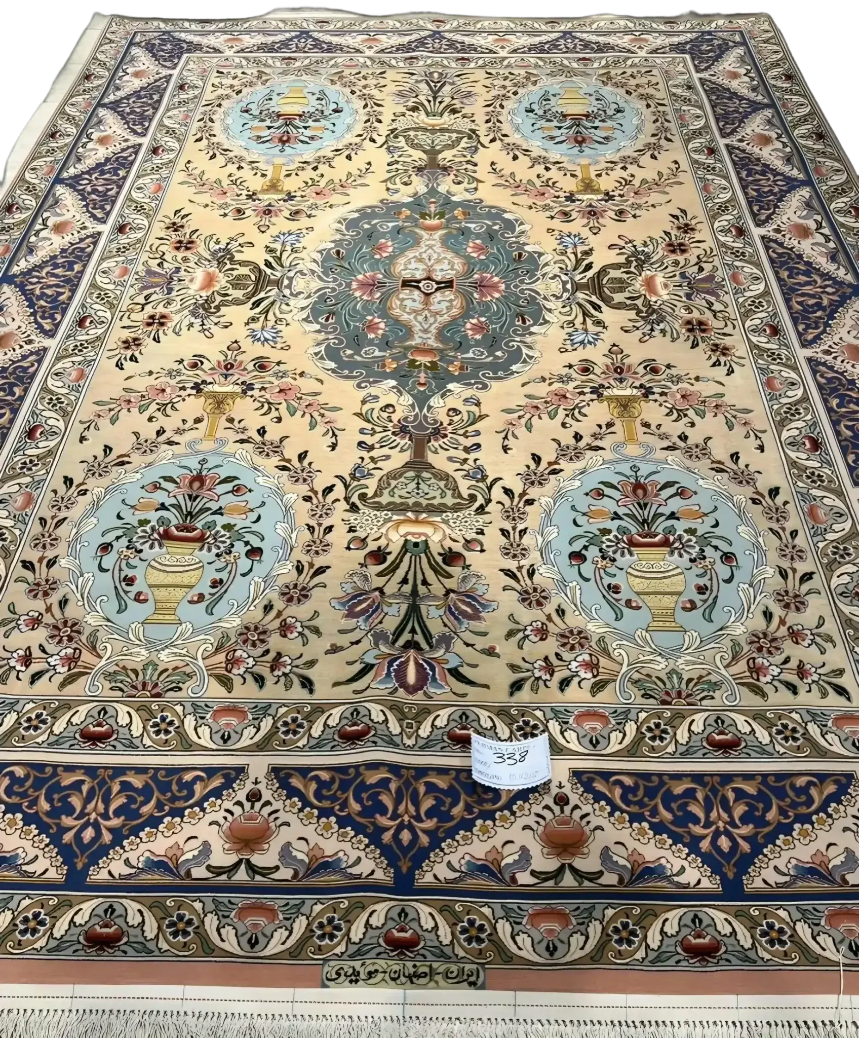 Iranian silk rug with elegant blue and yellow motifs