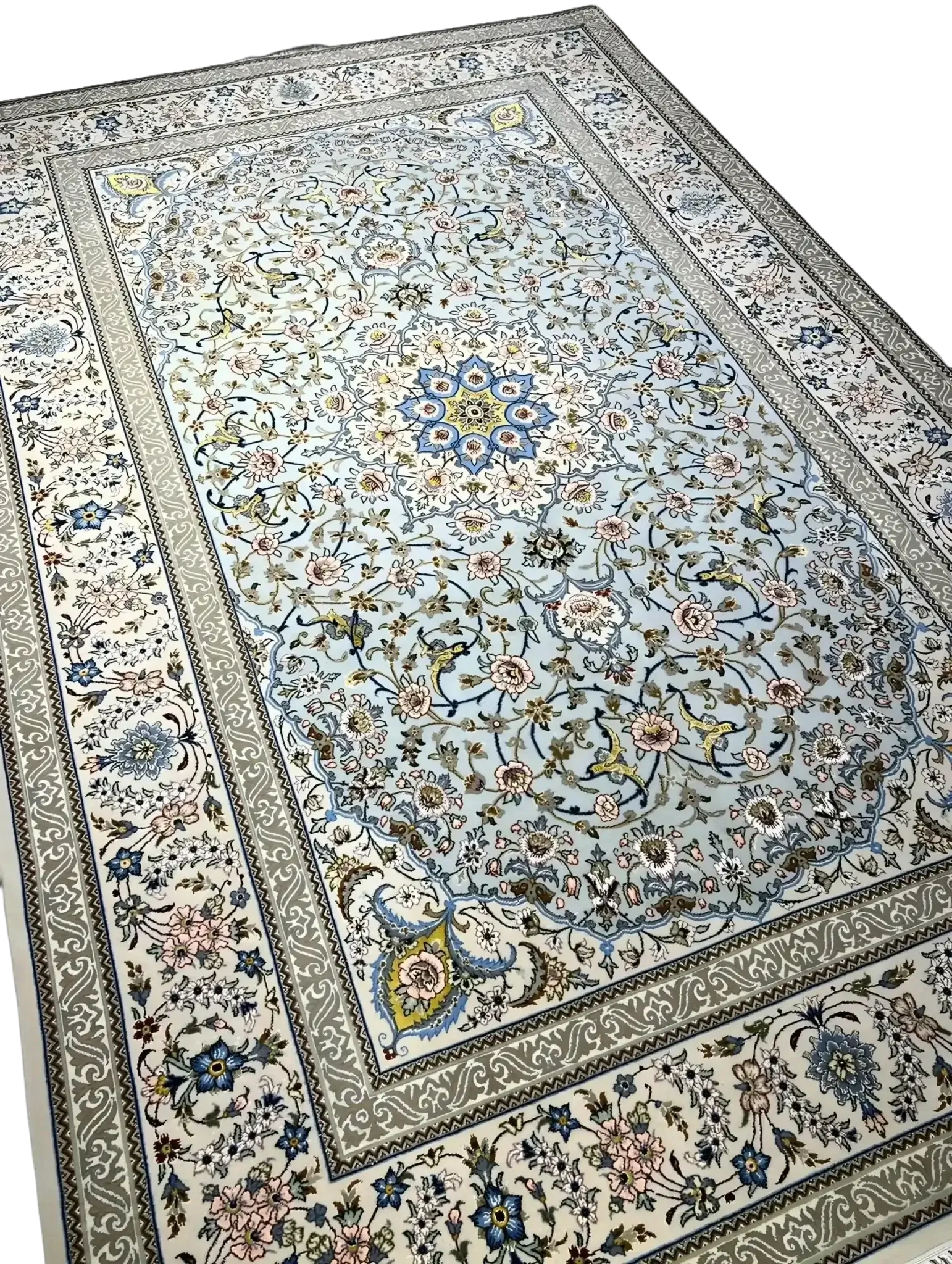 Kheirie light blue and beige rug showcasing intricate patterns