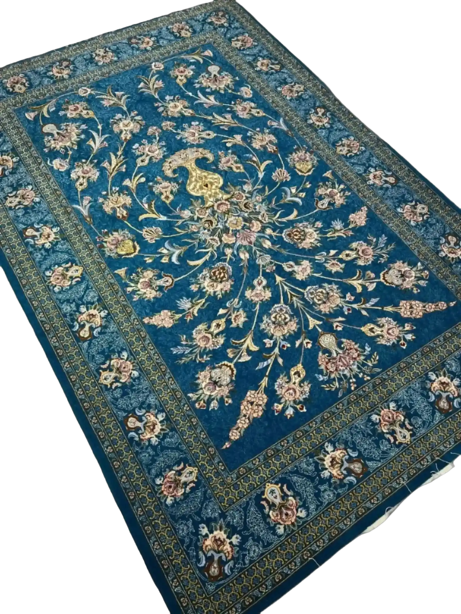 Top view of a Persian rug showcasing blue floral motifs available online