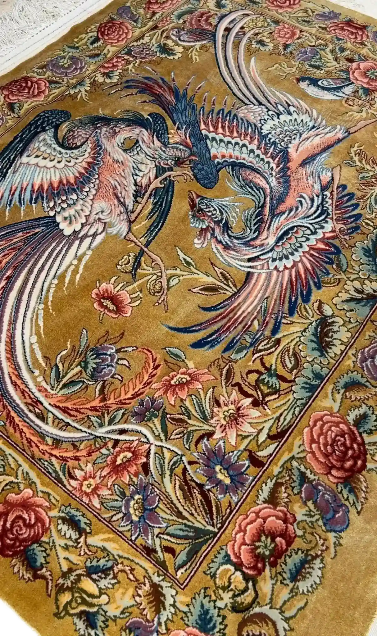 "Exquisite Persian rug featuring a stunning pictorial design, made from premium wool and silk. Handcrafted by skilled artisans in Isfahan, this unique piece is available for sale as an elegant décor option."