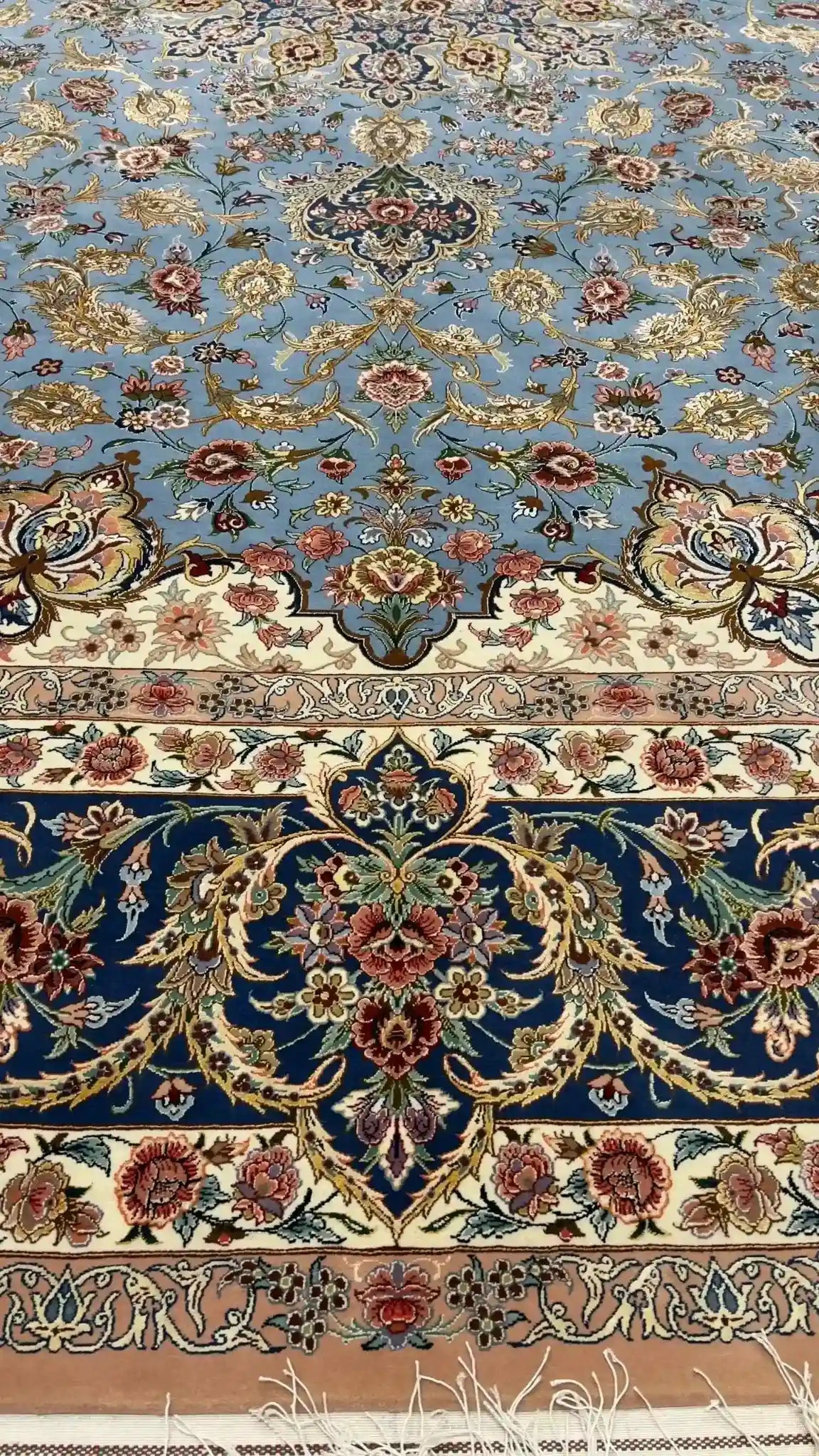 "Luxury silk and wool Isfahan Sheikh Bahaie rug, 350x250 cm, displaying fine floral patterns and elegant craftsmanship."