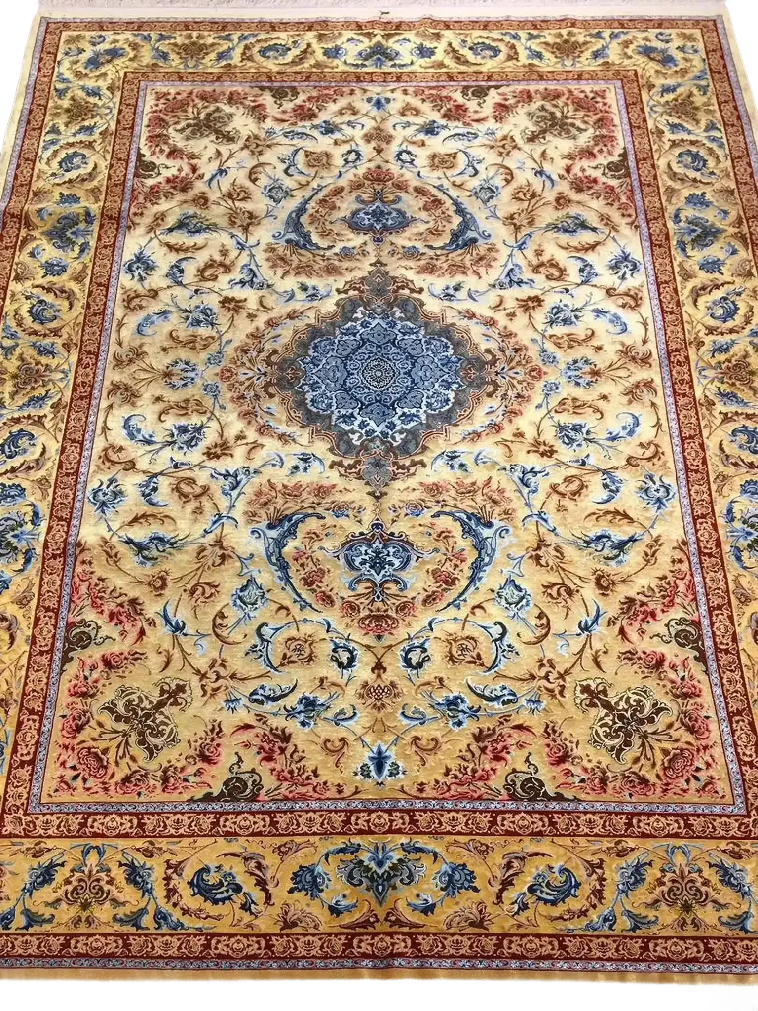 Luxurious Mohaghegh silk carpet with intricate blue, yellow, and red patterns