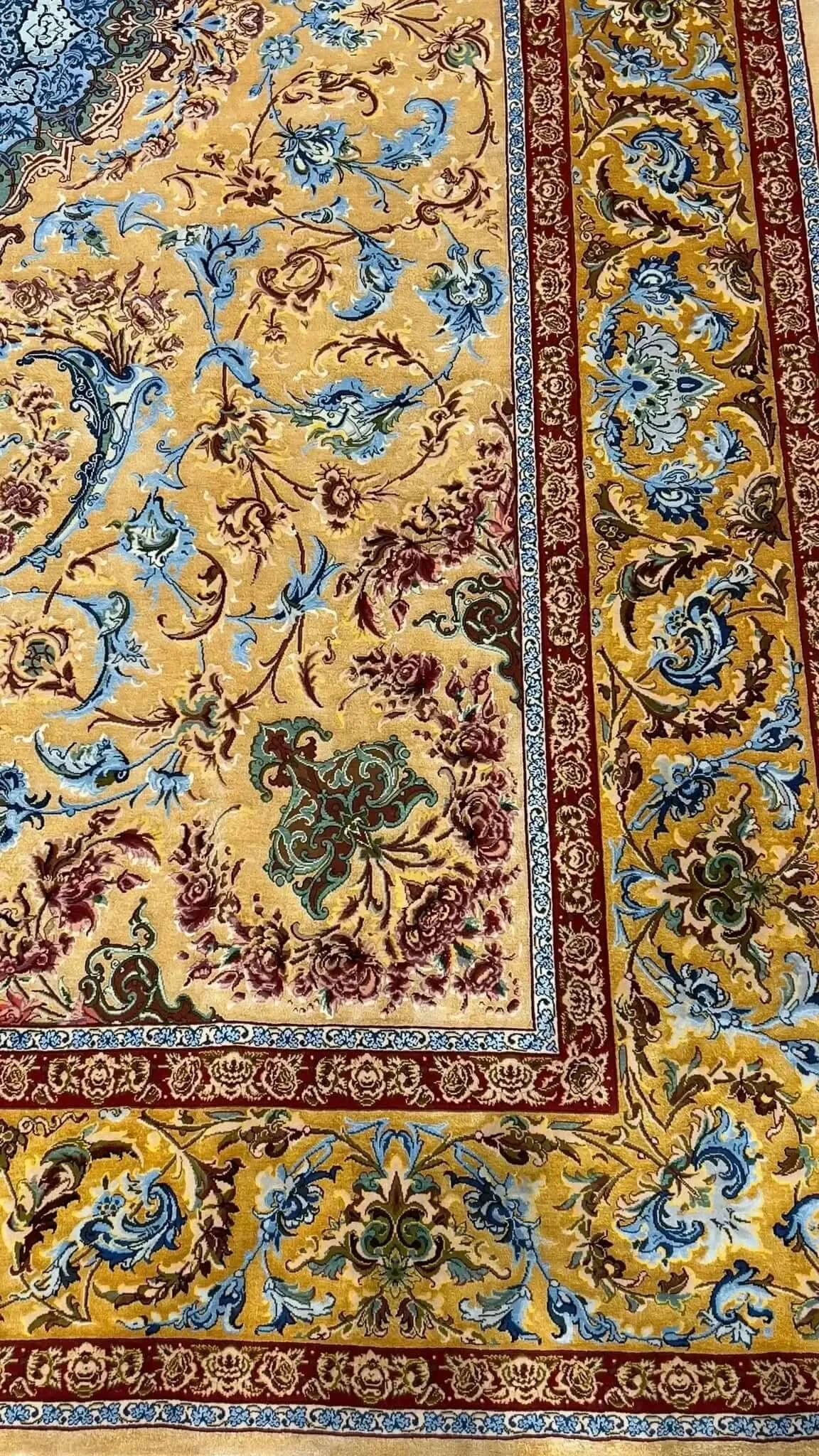 Premium Mohaghegh silk carpet with a harmonious blue and gold pattern