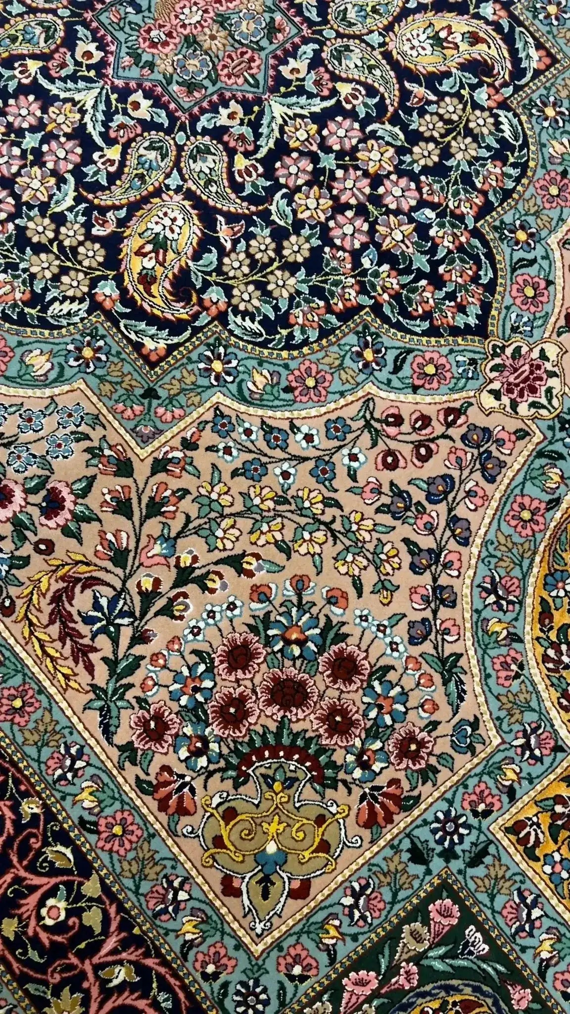 Elegant Samavie Persian Rug – A full view of the Samavie Persian rug laid flat, showcasing its symmetrical design, vibrant colors, and fine details that make it a unique, hand-knotted masterpiece.

