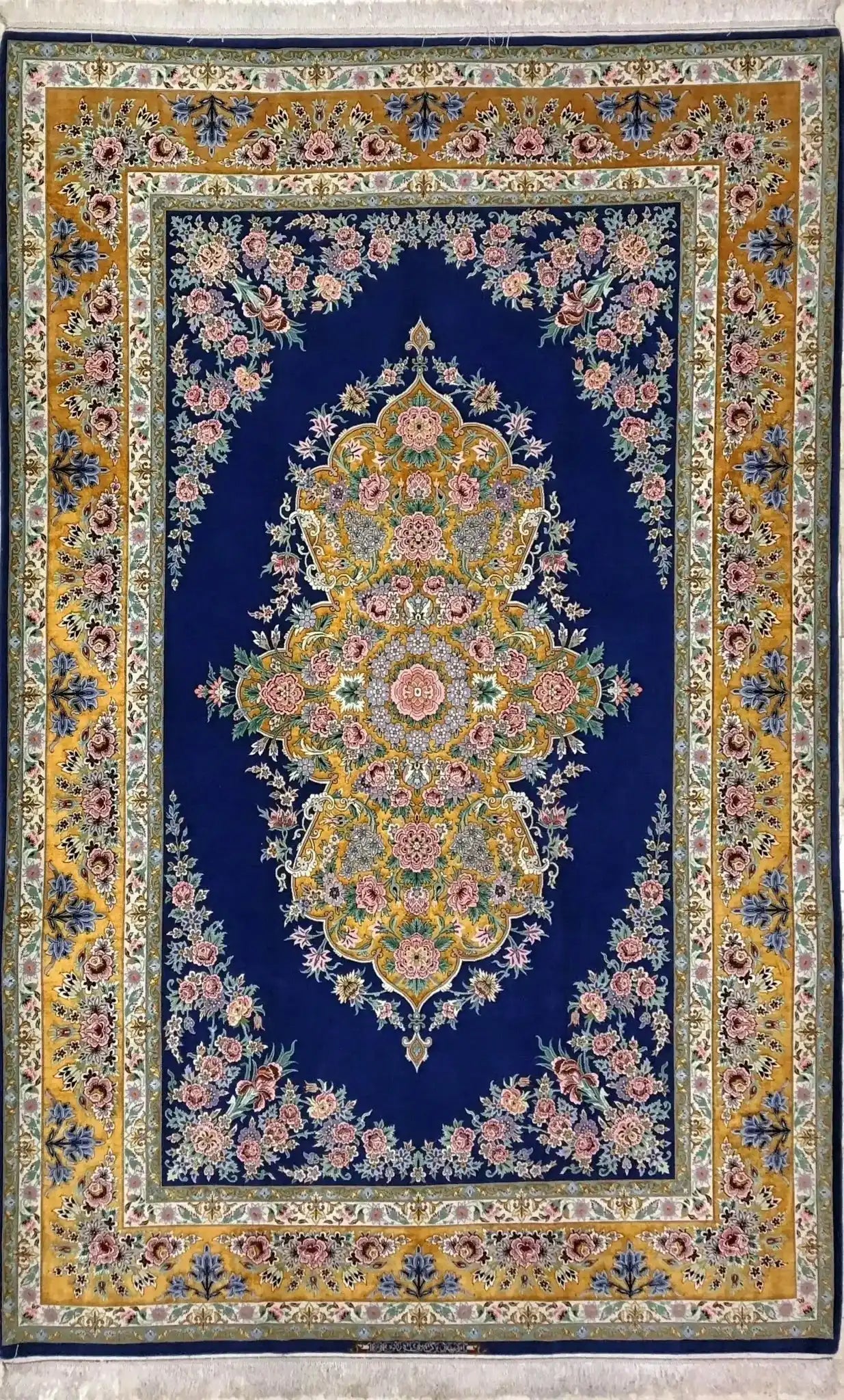 Isfahan Fine Rugs with Blue empty field an golden border