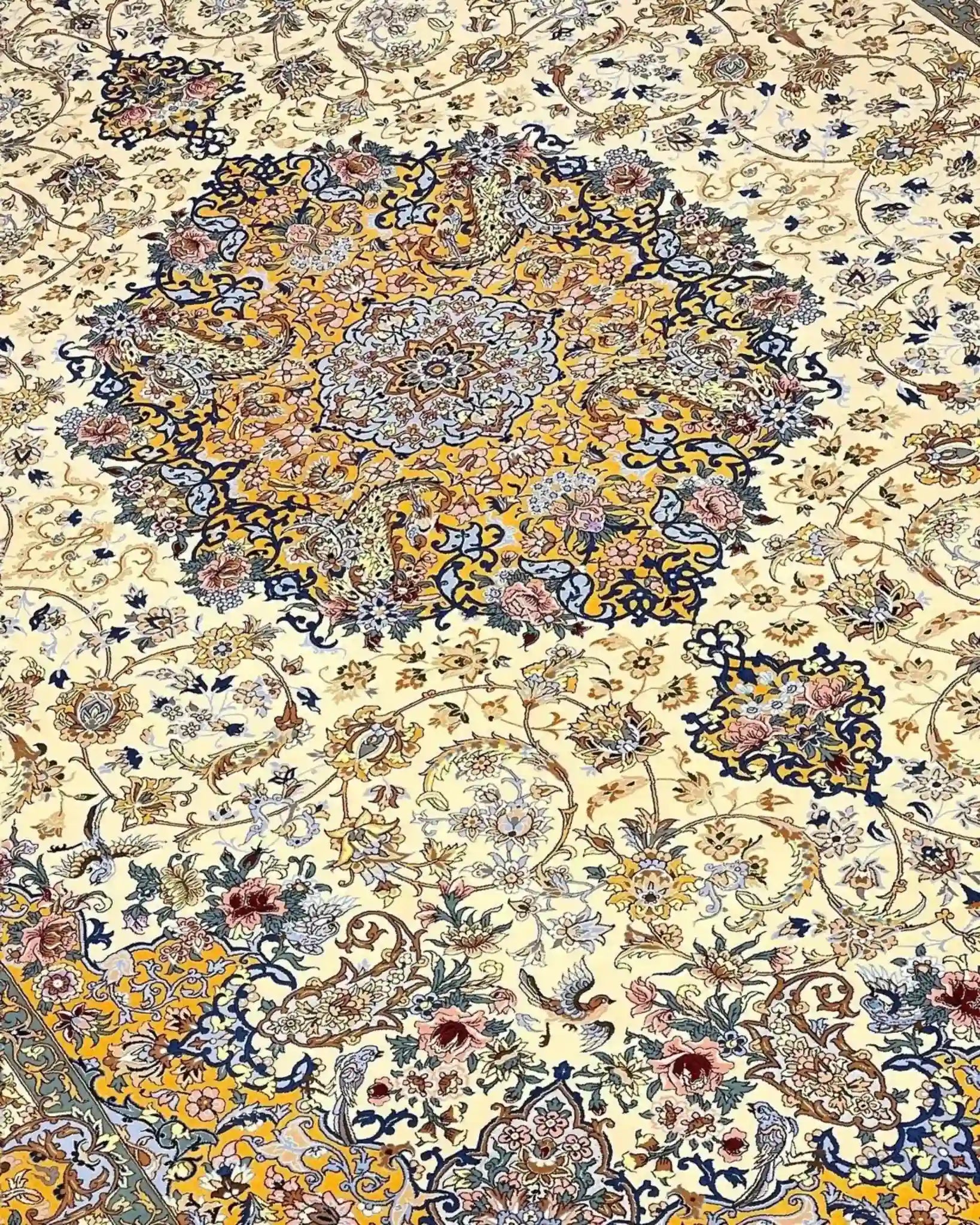 "Luxurious Isfahan Persian rug in bright colors, hand-woven from silk and wool."
