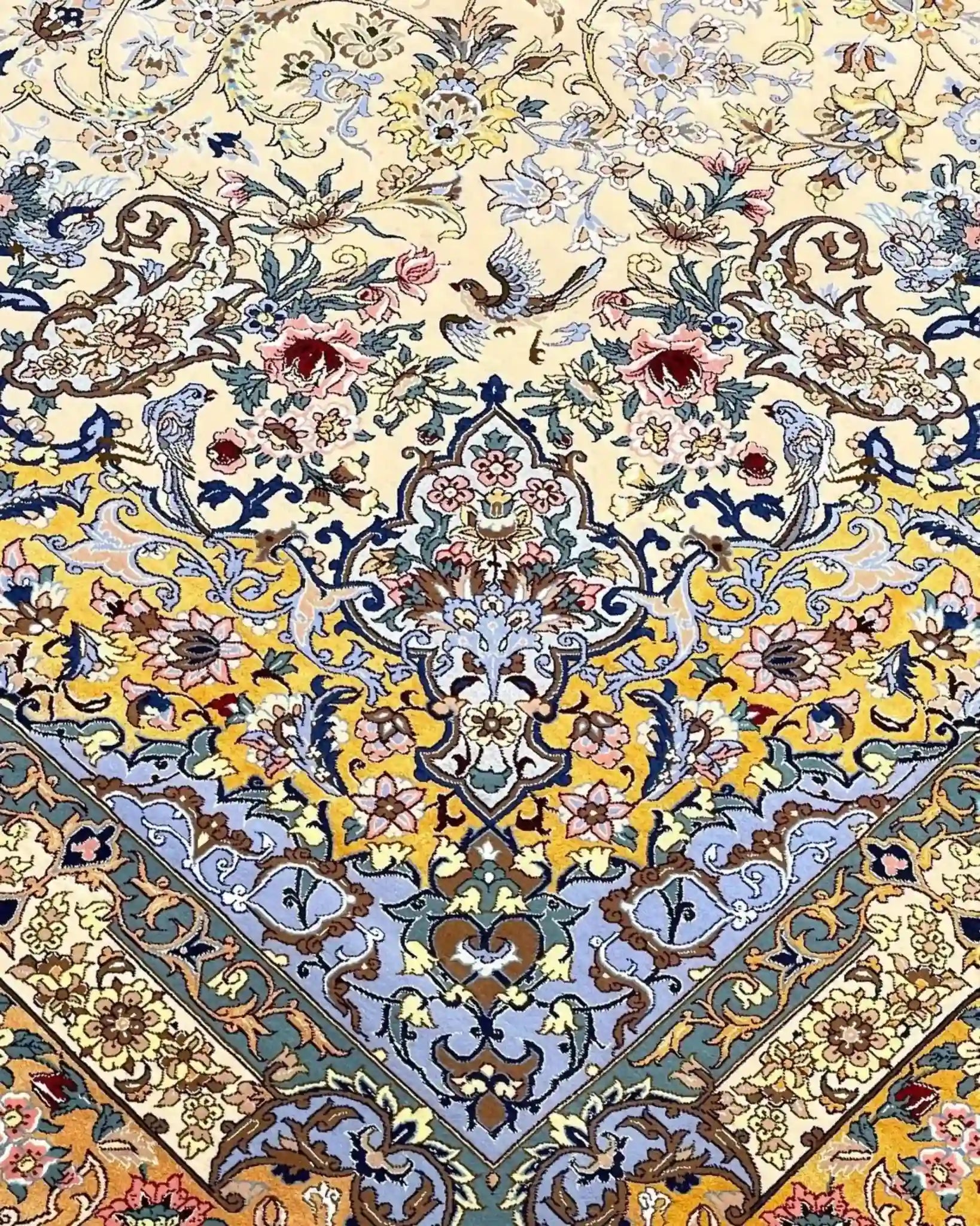 "Unique Persian wool and silk rug, hand-knotted with intricate patterns in Isfahan."
