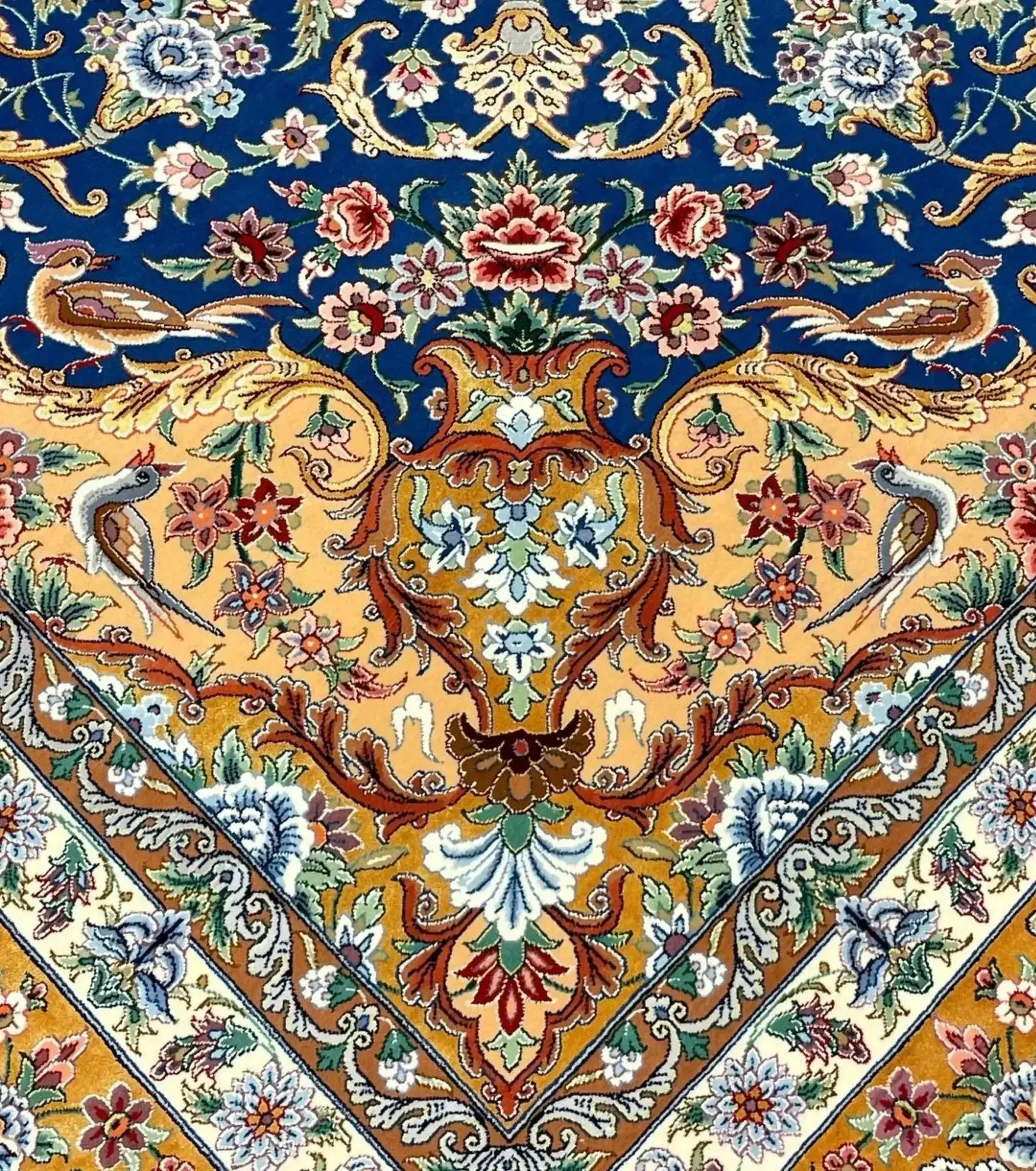 "Intricate Persian Isfahan rug, 250 cm x 250 cm, featuring silk borders and a wool pile. Handmade by Akhtarian in Iran with a high knot density for durability and beauty."

