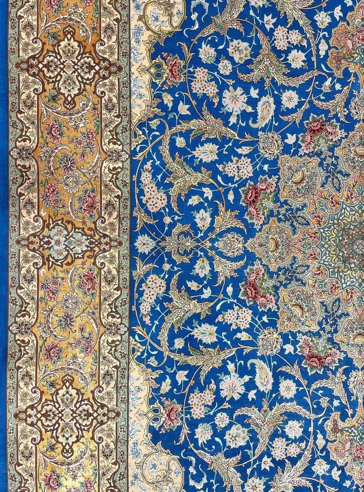 "Isfahan Persian rug, made from silk and wool, perfect for luxury living spaces, now for sale."
