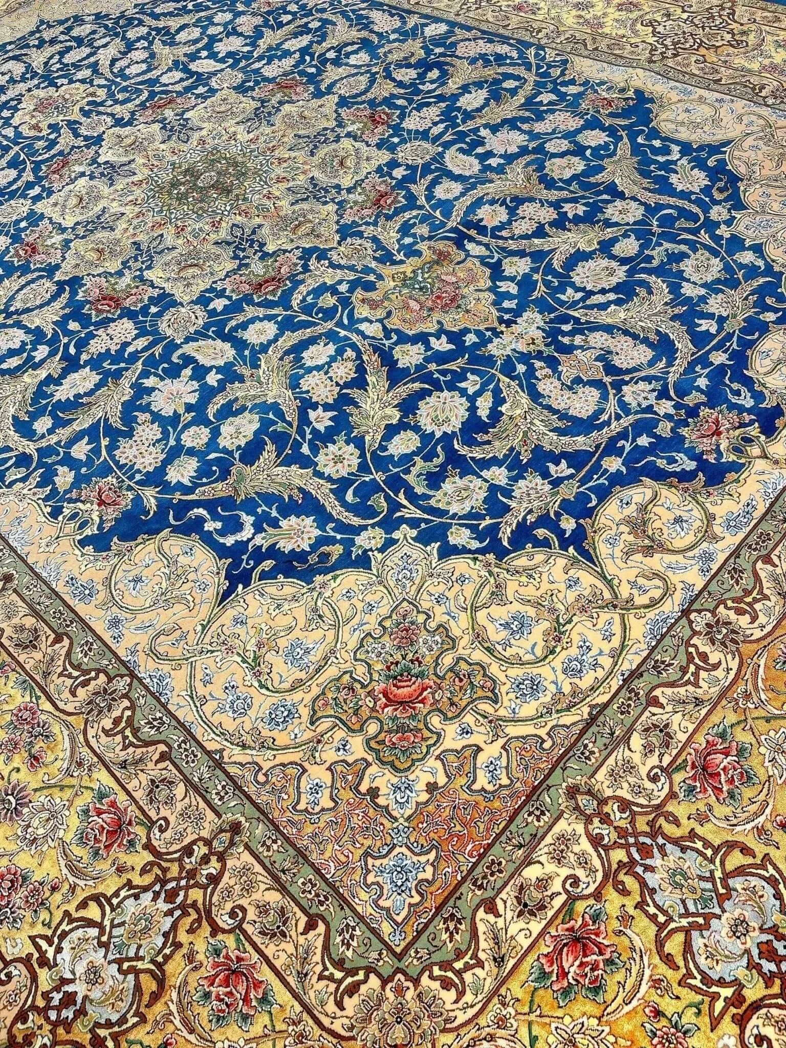 "Persian silk and wool rug, handmade in Isfahan, offering soft texture and intricate design."
