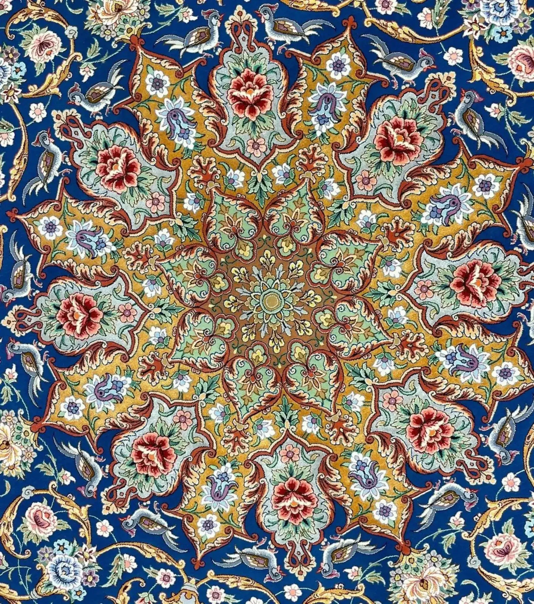 "Luxury Persian Isfahan rug, handcrafted with wool and silk in Iran, measuring 250 cm in length and width. An exquisite piece for elevating any living space."

