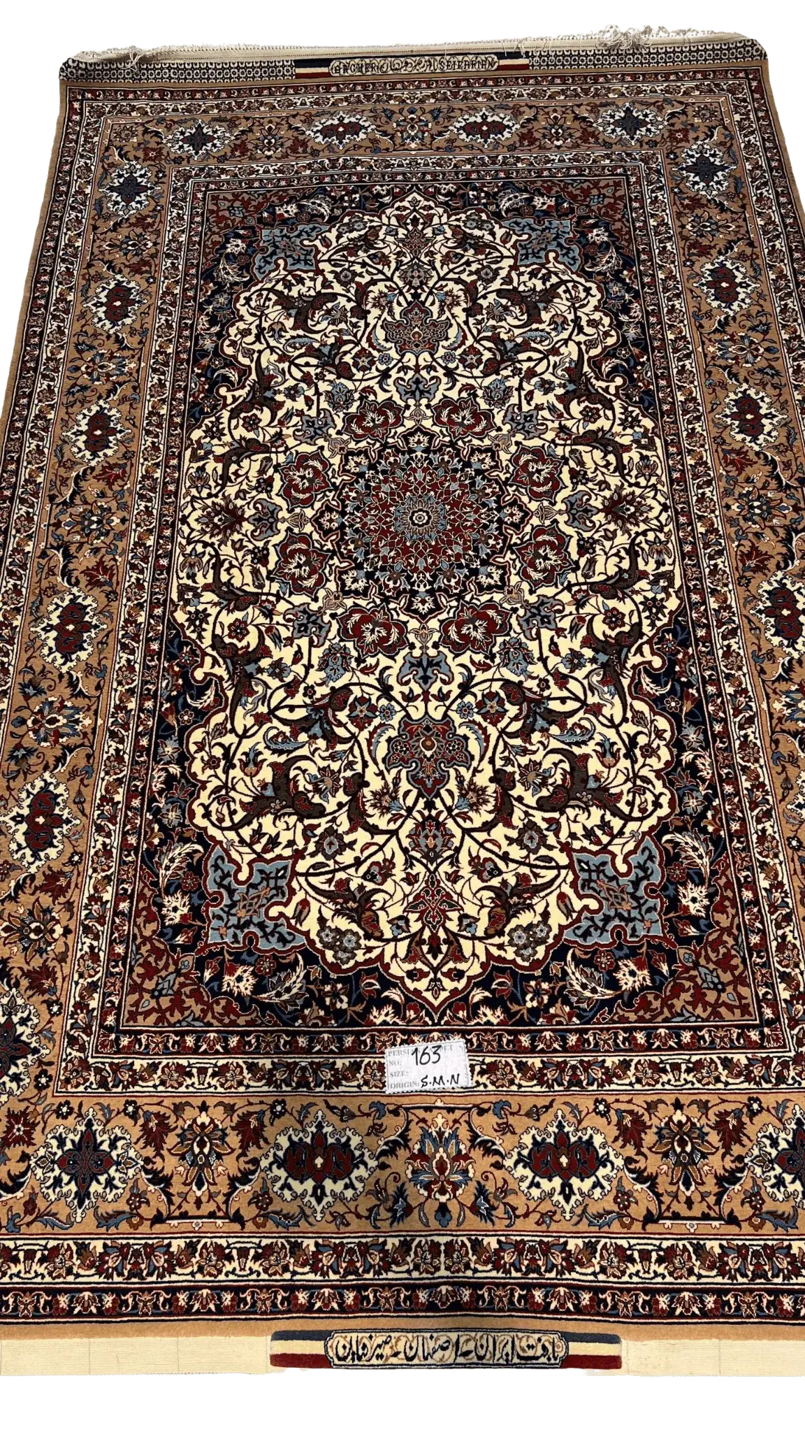"Hand-knotted Seirafian Persian rug with intricate floral medallion design, crafted from wool and silk in Isfahan, Iran."
