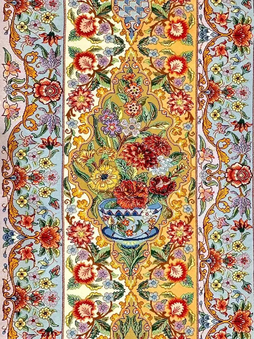 "Luxury Isfahan Iranian carpet with intricate floral patterns, handmade with silk warp and wool pile."
