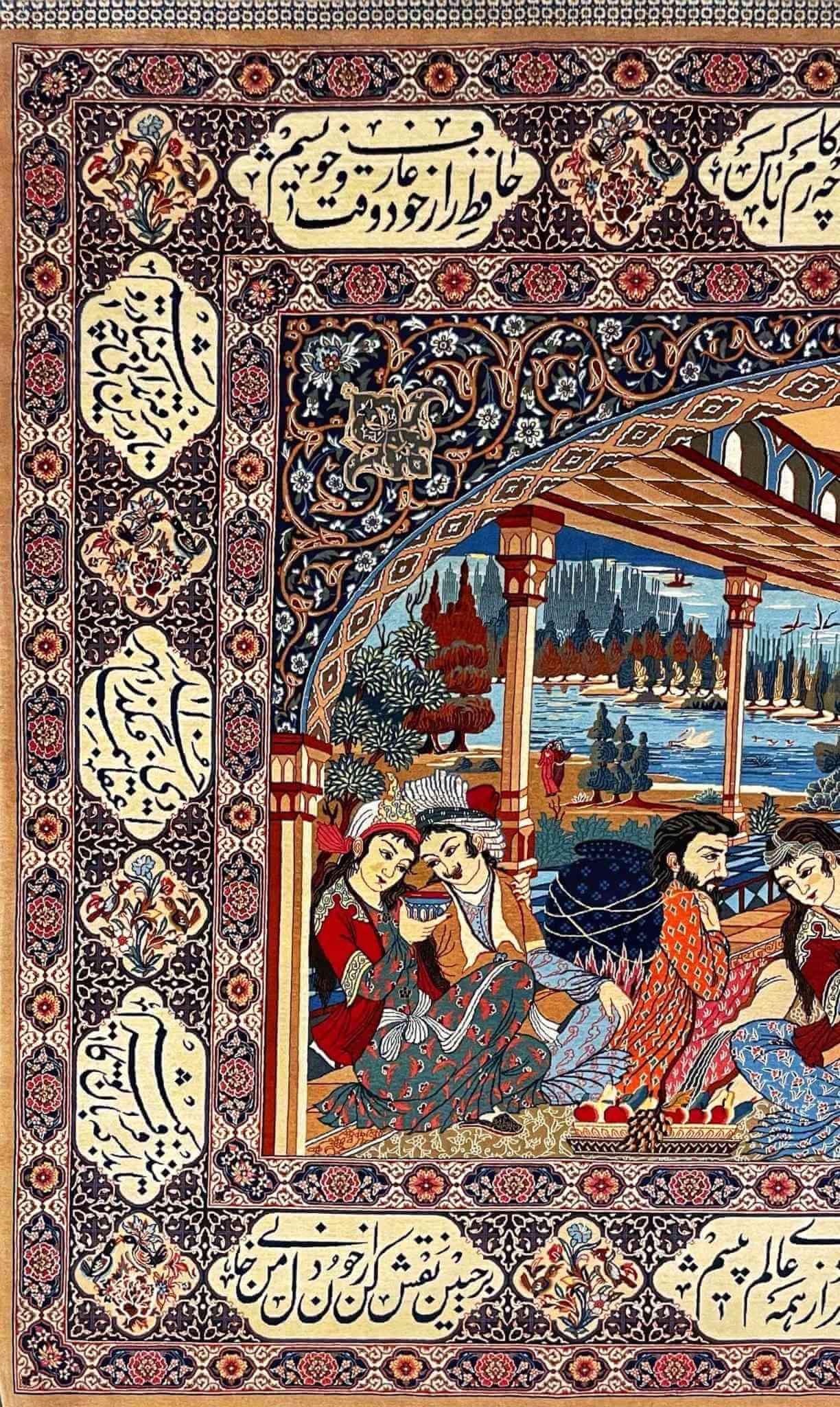 "High-quality Seirafian Persian rug with intricate scenes, crafted using traditional hand-knotting techniques."
