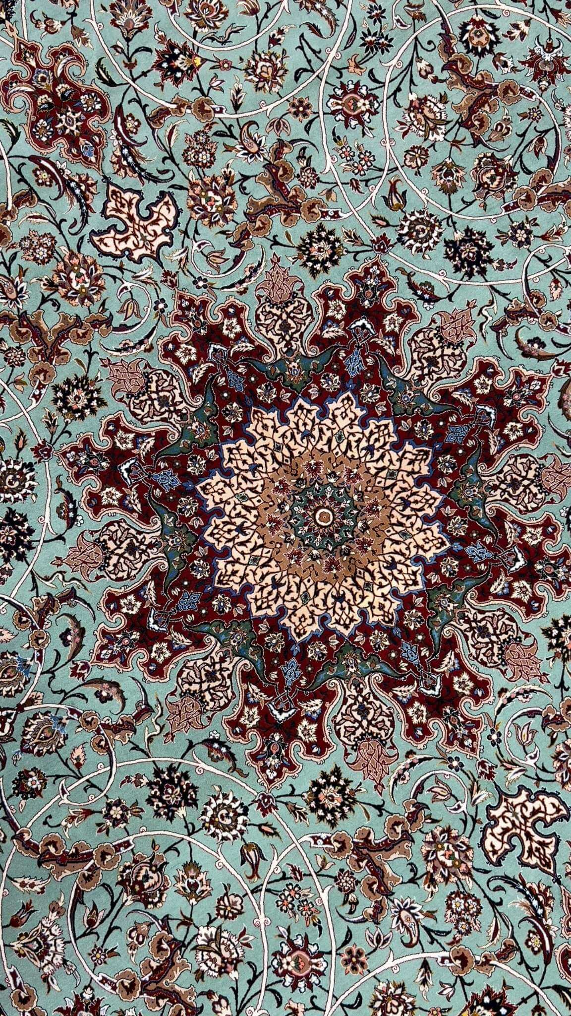 "Detailed view of Seirafian Persian rug by Master Mahmmoud and Mohammad Reza, showcasing intricate hand-knotted craftsmanship"