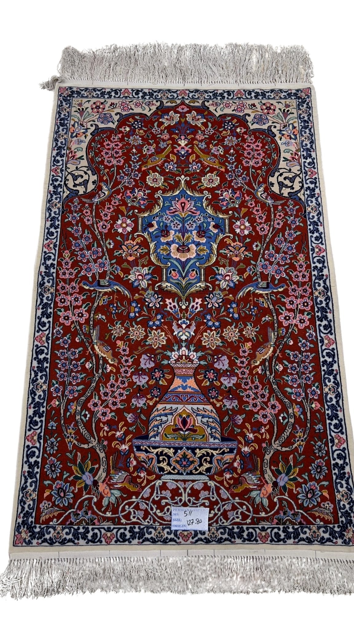 Persian traditional red carpet with wool and silk blend, floral pattern