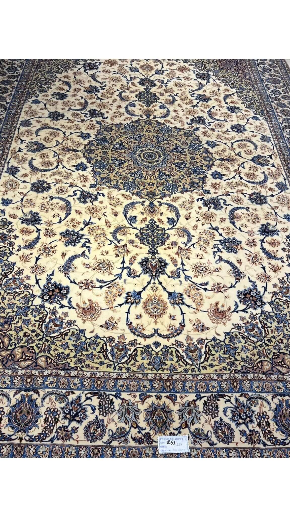 "60-year-old Persian rug with intricate floral patterns and silk-wool blend"
