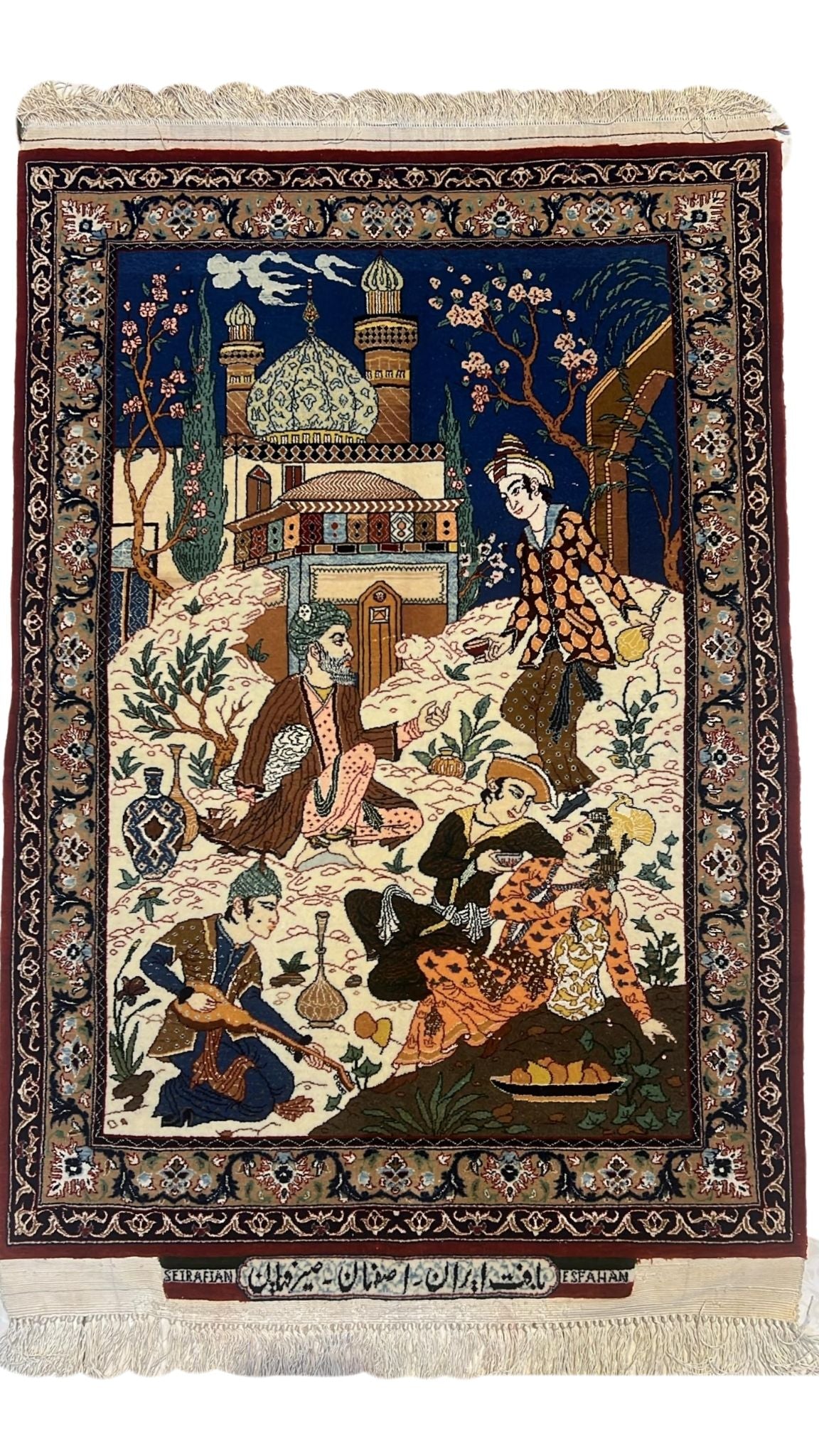 Front view of an authentic small Seirafian Persian pictorial rug, 2 x 3 feet.