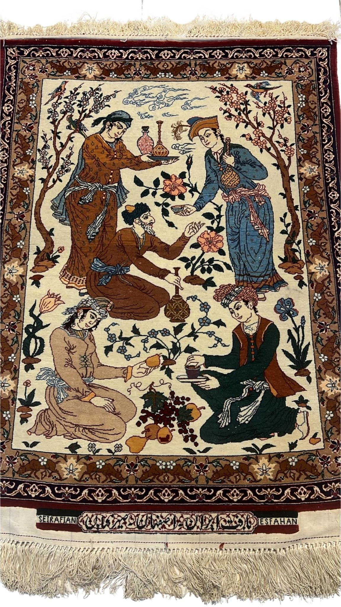 Seirafian 2x3 beige pictorial Persian carpet showcasing intricate hand-knotted design by Master Hassan Seirafian.

