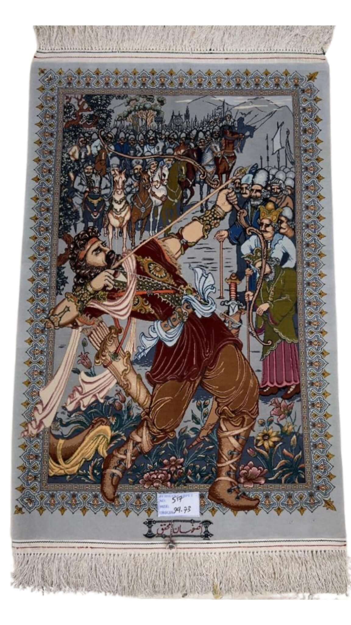 "Handcrafted pictorial Persian rug from Isfahan with a historical scene."