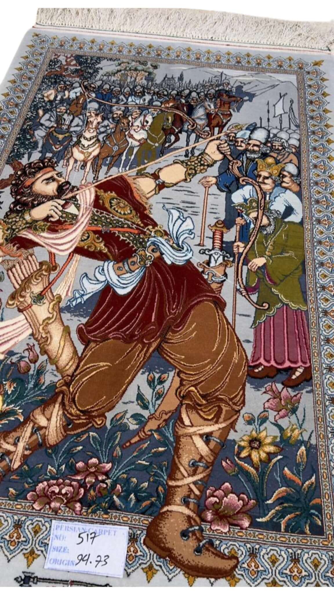 "Close-up of Isfahan pictorial rug showcasing fine detail by weaver Mohaghegh."