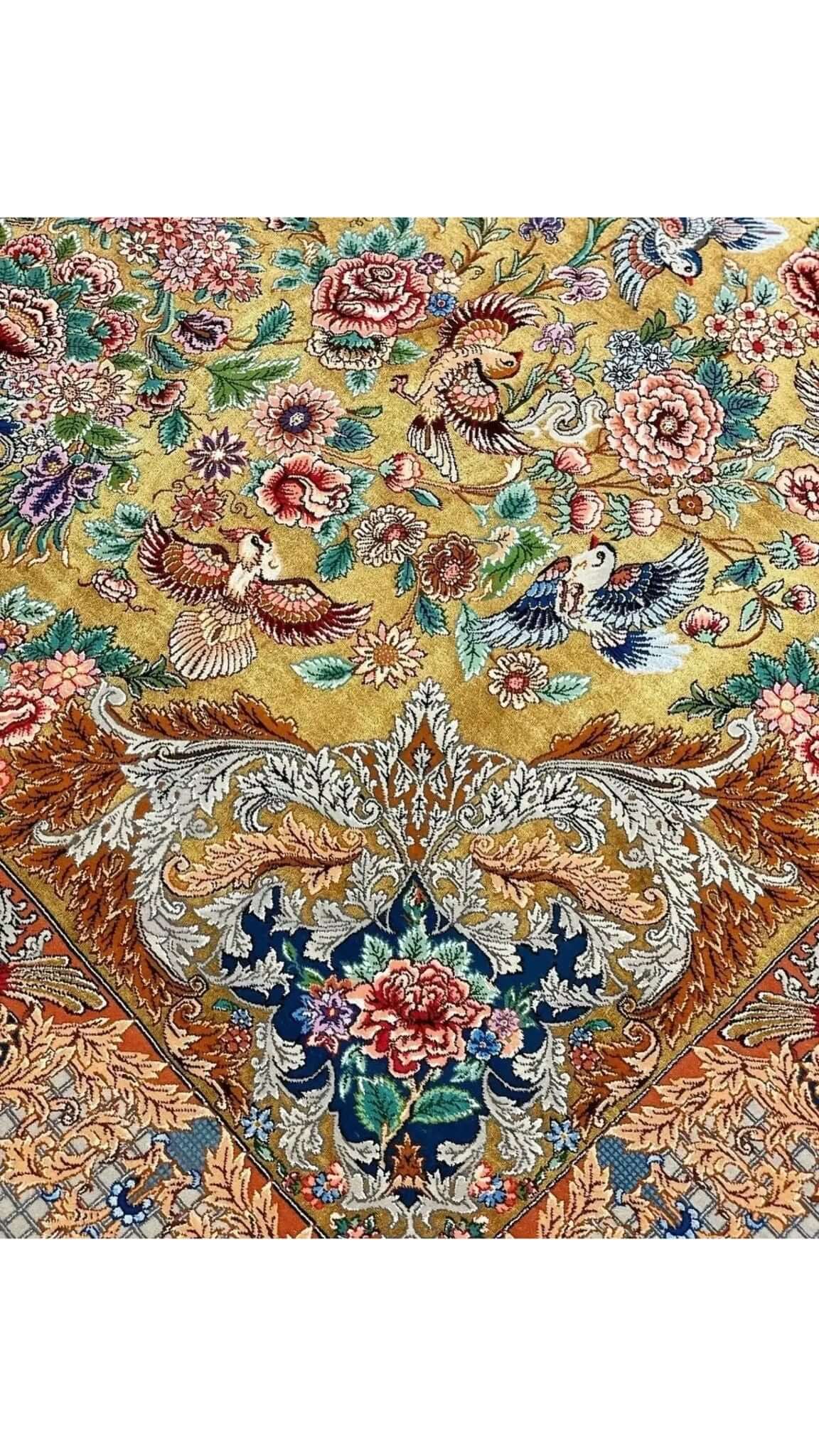 "Hand-knotted Persian rug with golden silk highlights."
