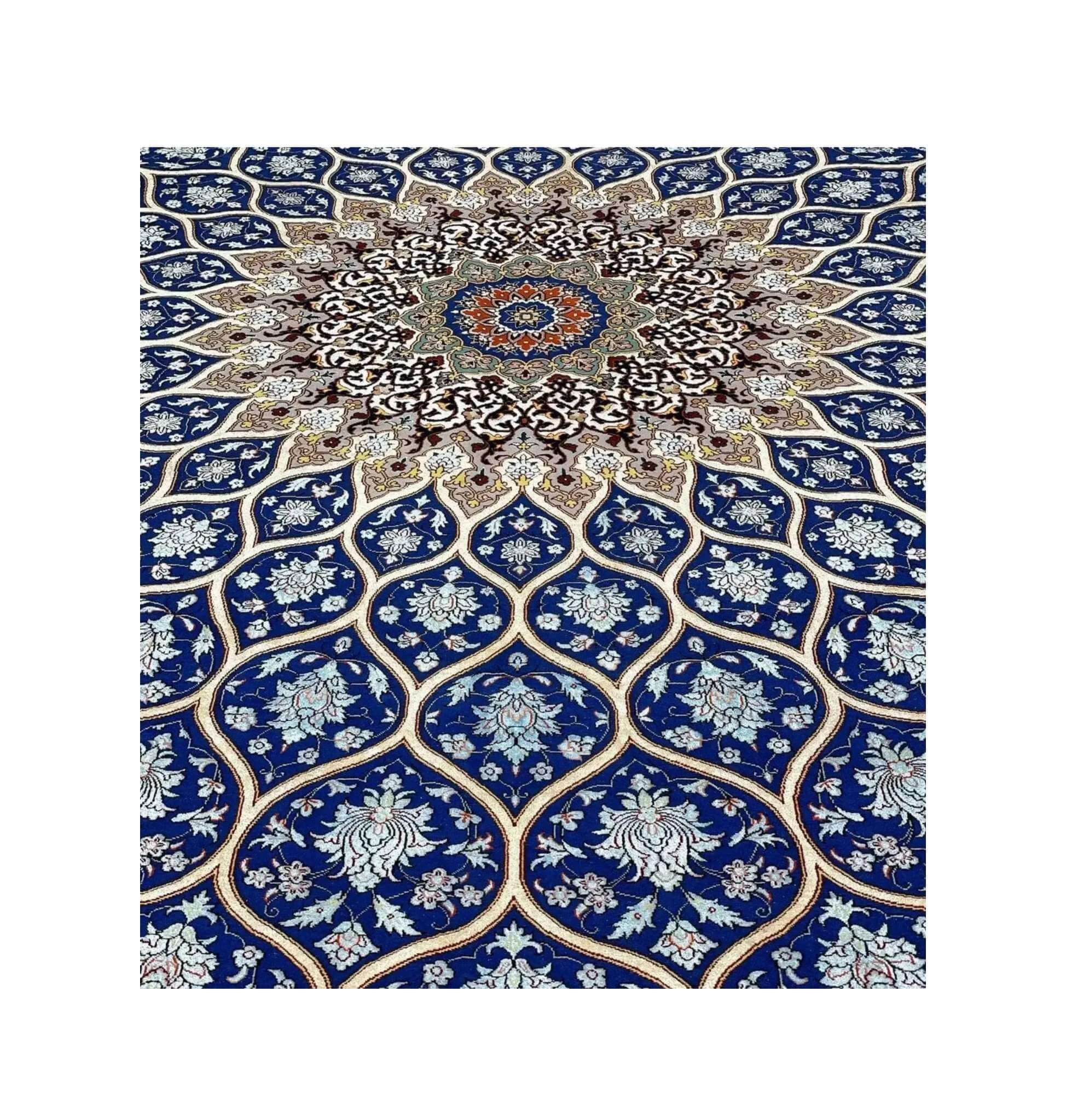 "Detailed view of silk and wool weave in Isfahan square rug."
