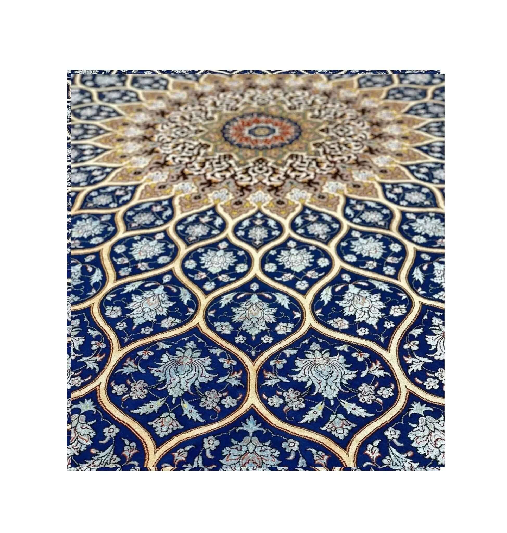 "Luxury square Persian rug with blue and gold dome-inspired pattern."
