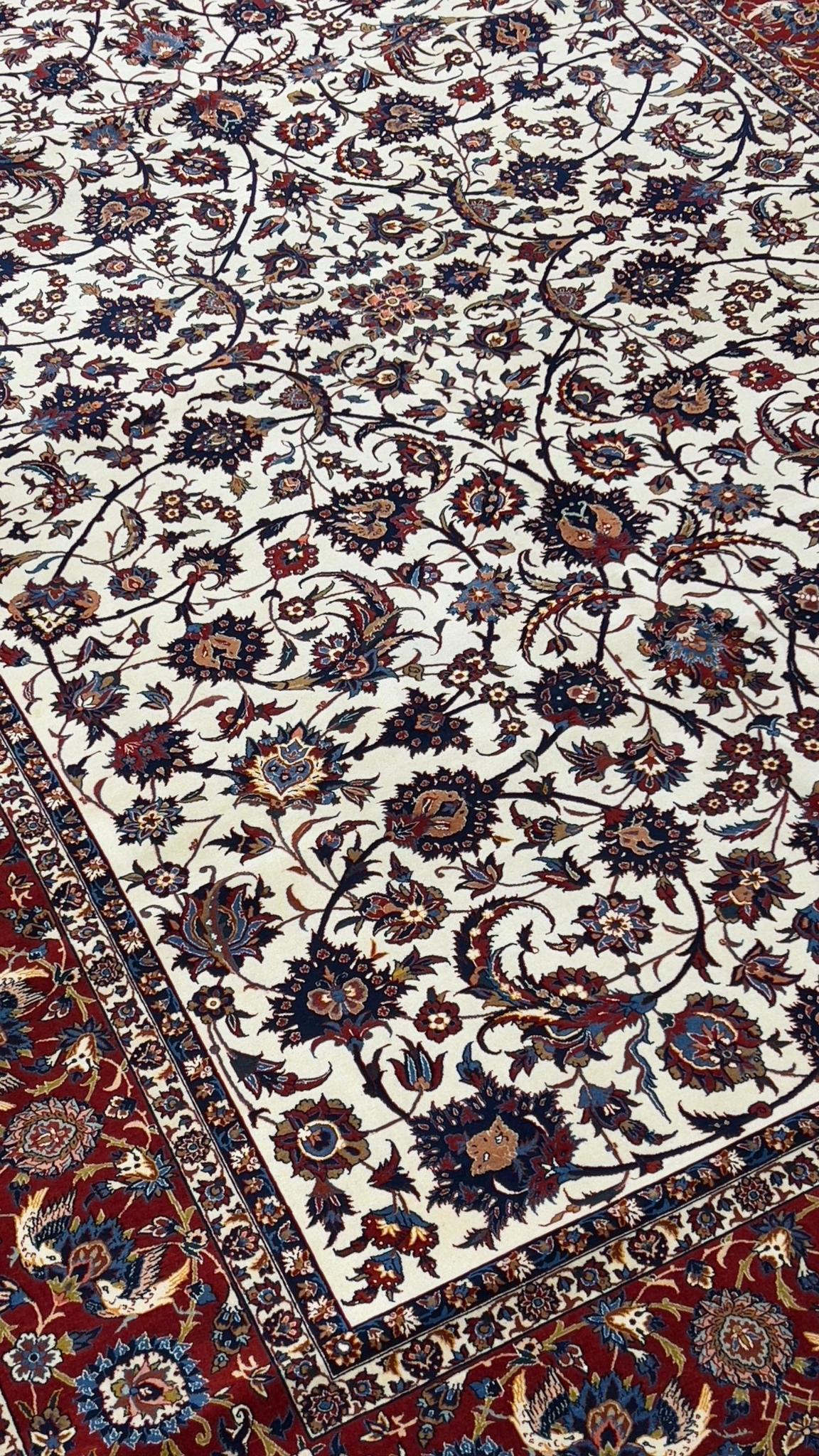 Hand-knotted Persian rug in red and beige floral design