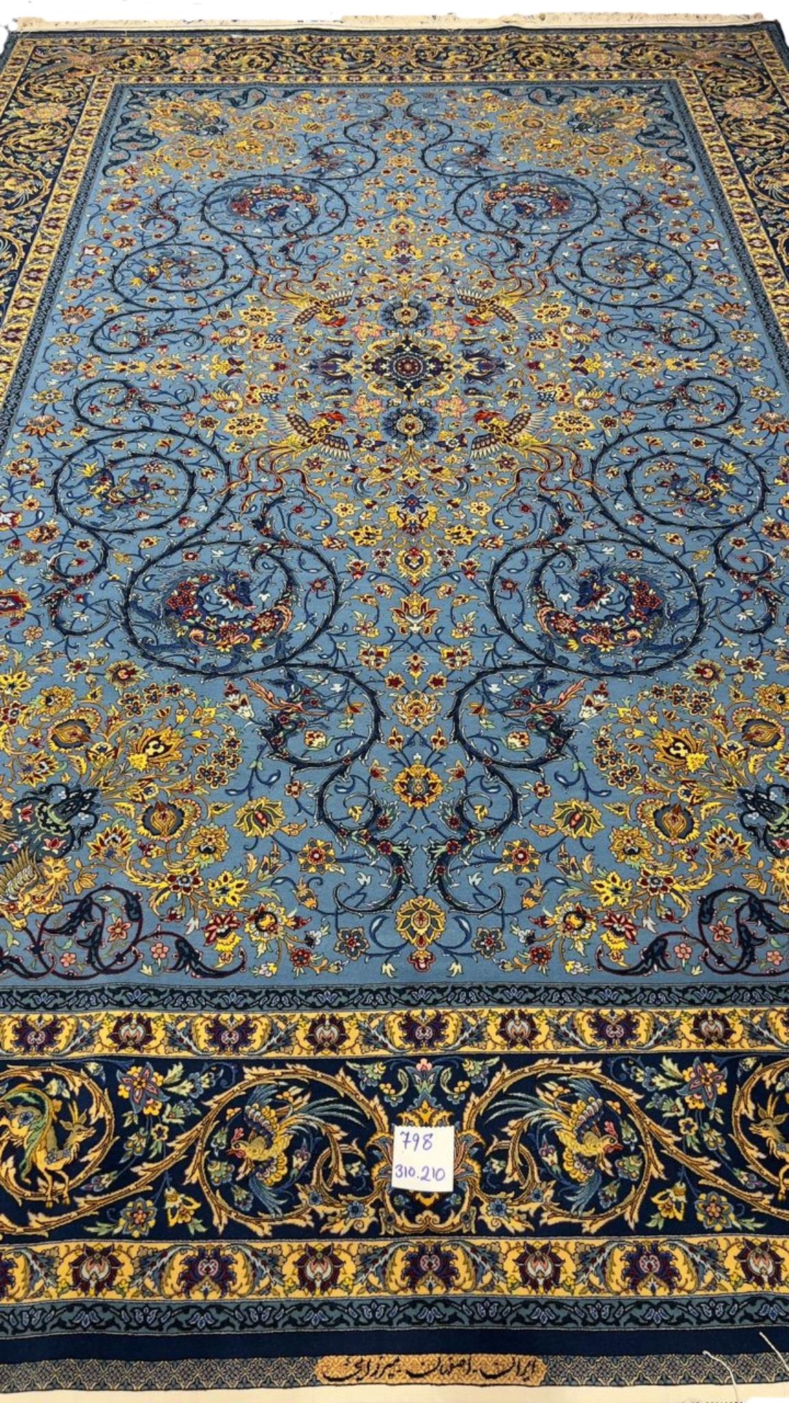 Luxurious blue Persian rug with intricate silk and wool patterns
